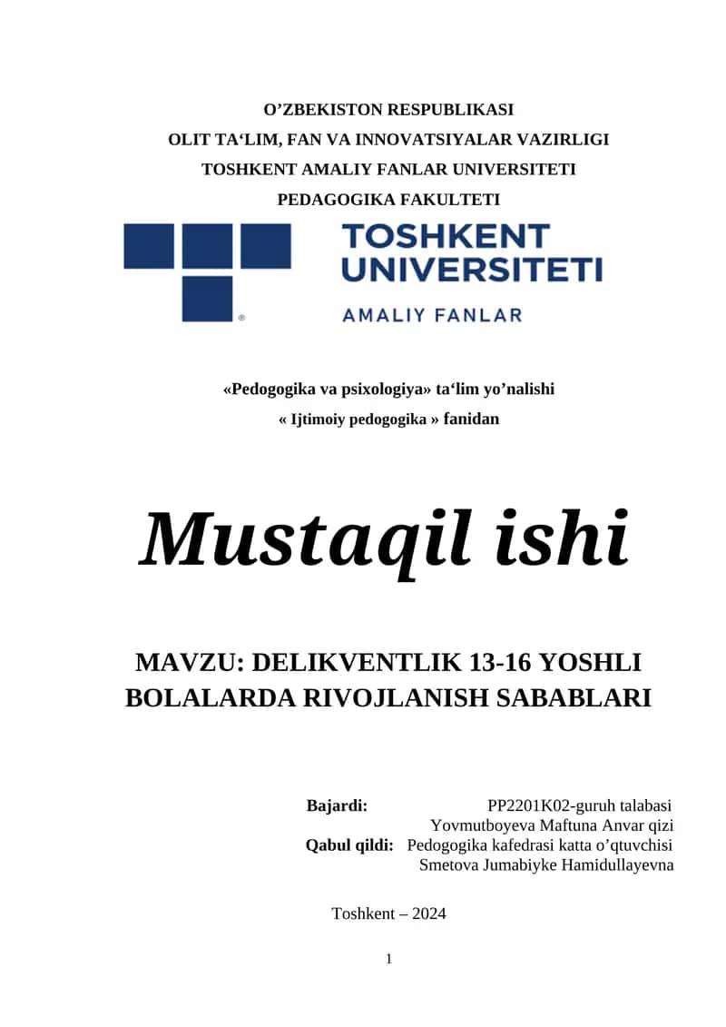 DELIKVENTLIK 13-16 YOSHLI BOLALARDA RIVOJLANISH SABABLARI
