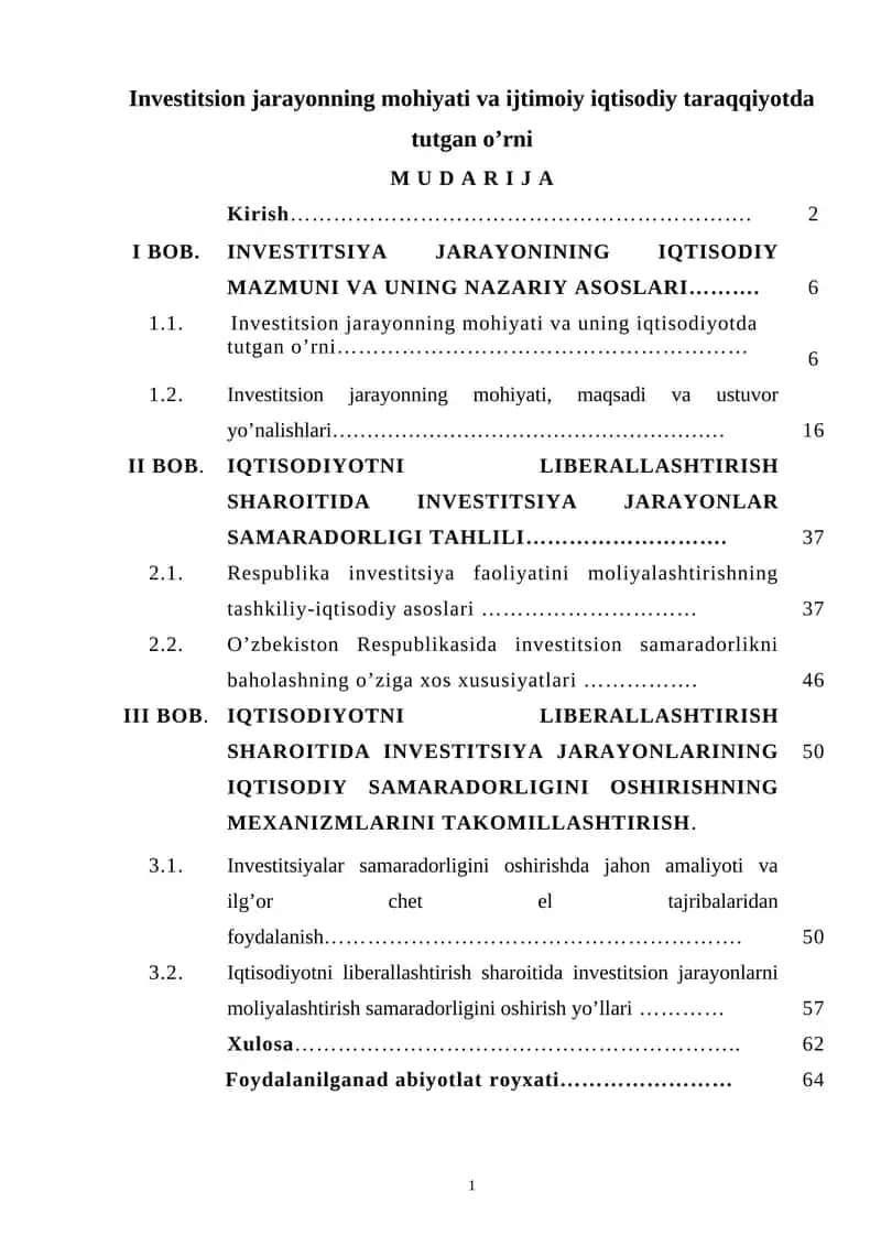 Investitsiya jarayonning mohiyati va ijtimoiy iqtisodiy taraqqiyotda tutgan o’rni