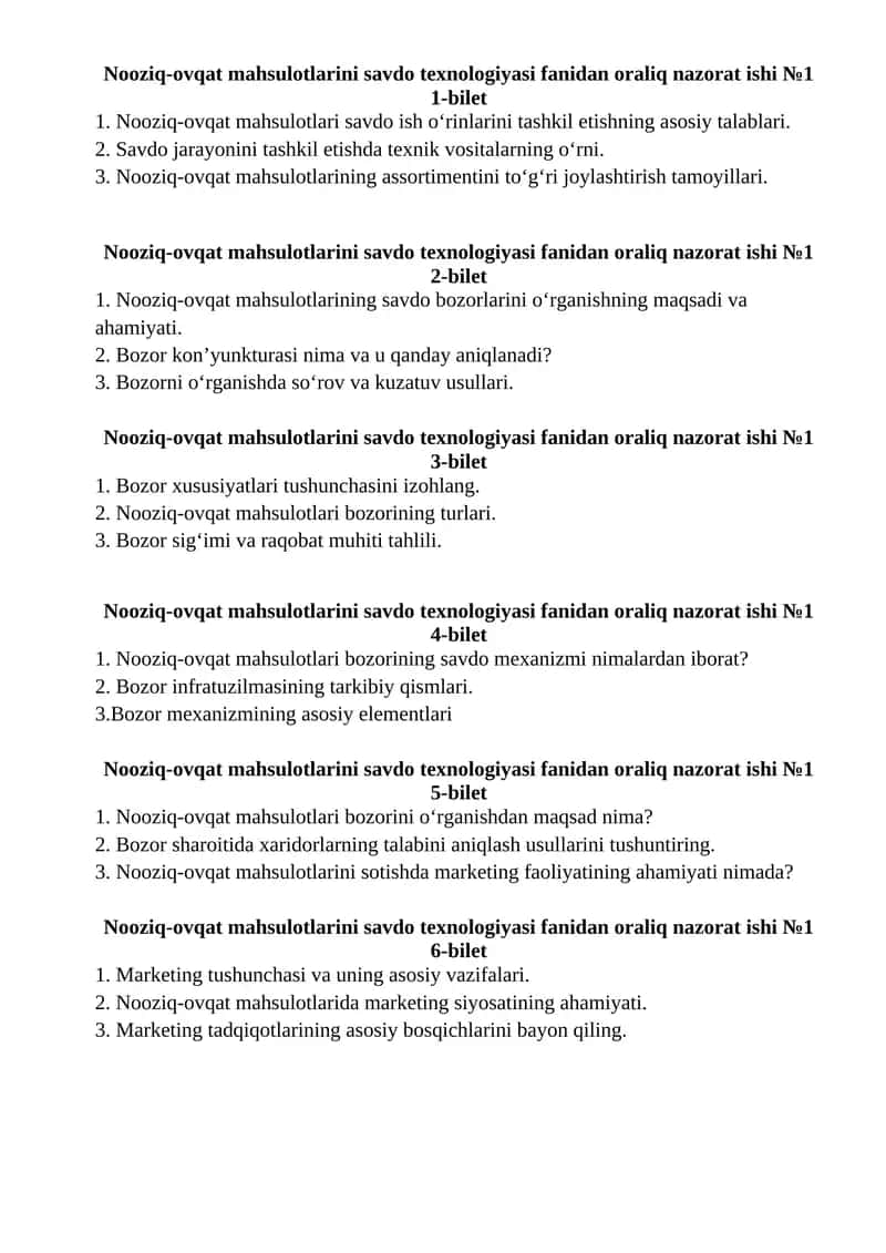 Nooziq-ovqat mahsulotlarini savdo texnologiyasi fanidan oraliq nazorat ishi №1