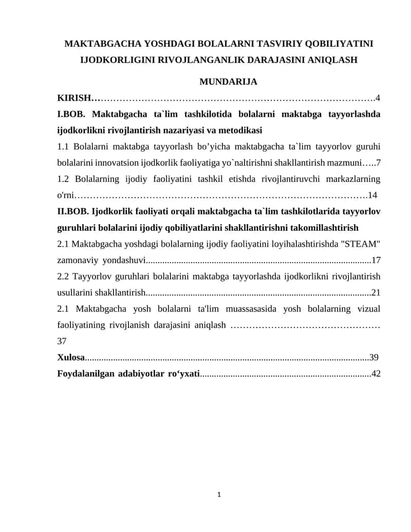 Maktabgacha yoshdagi bolalarni tasviriys qobiliyatini ijodkorligini rivojlanganlik darajasini aniqlash