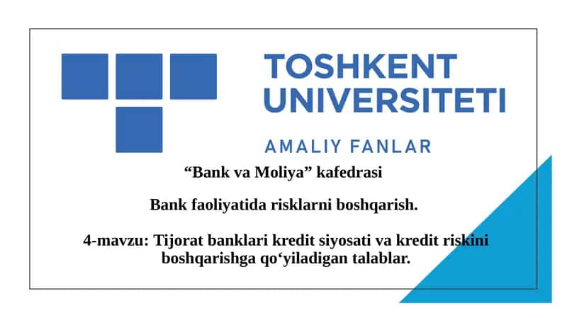 Tijorat banklari kredit siyosati va kredit riskini boshqarishga qo‘yiladigan talablar.