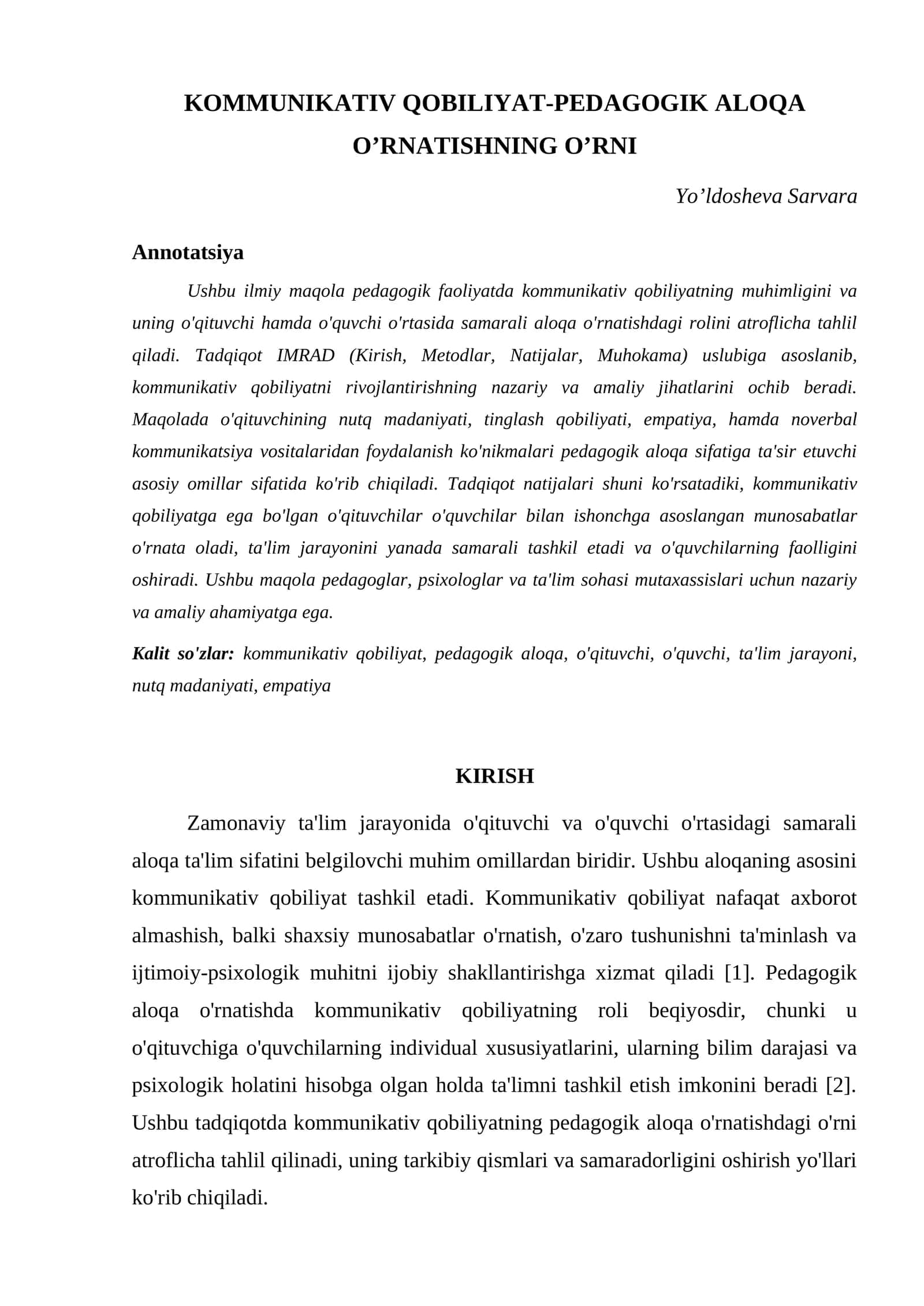KOMMUNIKATIV QOBILIYAT-PEDAGOGIK ALOQA O’RNATISHNING O’RNI