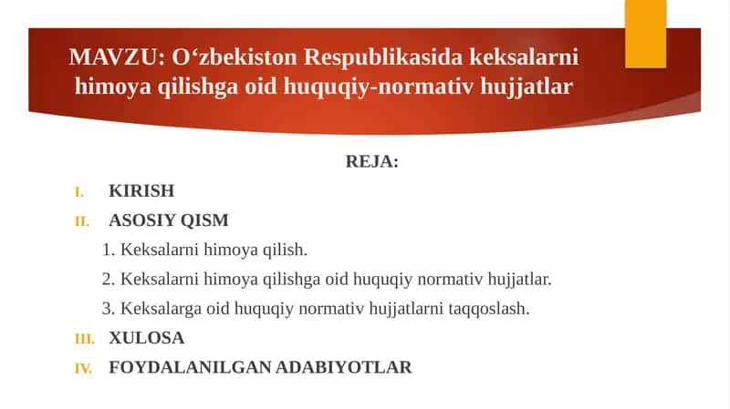 O‘zbekiston Respublikasida keksalarni himoya qilishga oid huquqiy-normativ hujjatlar