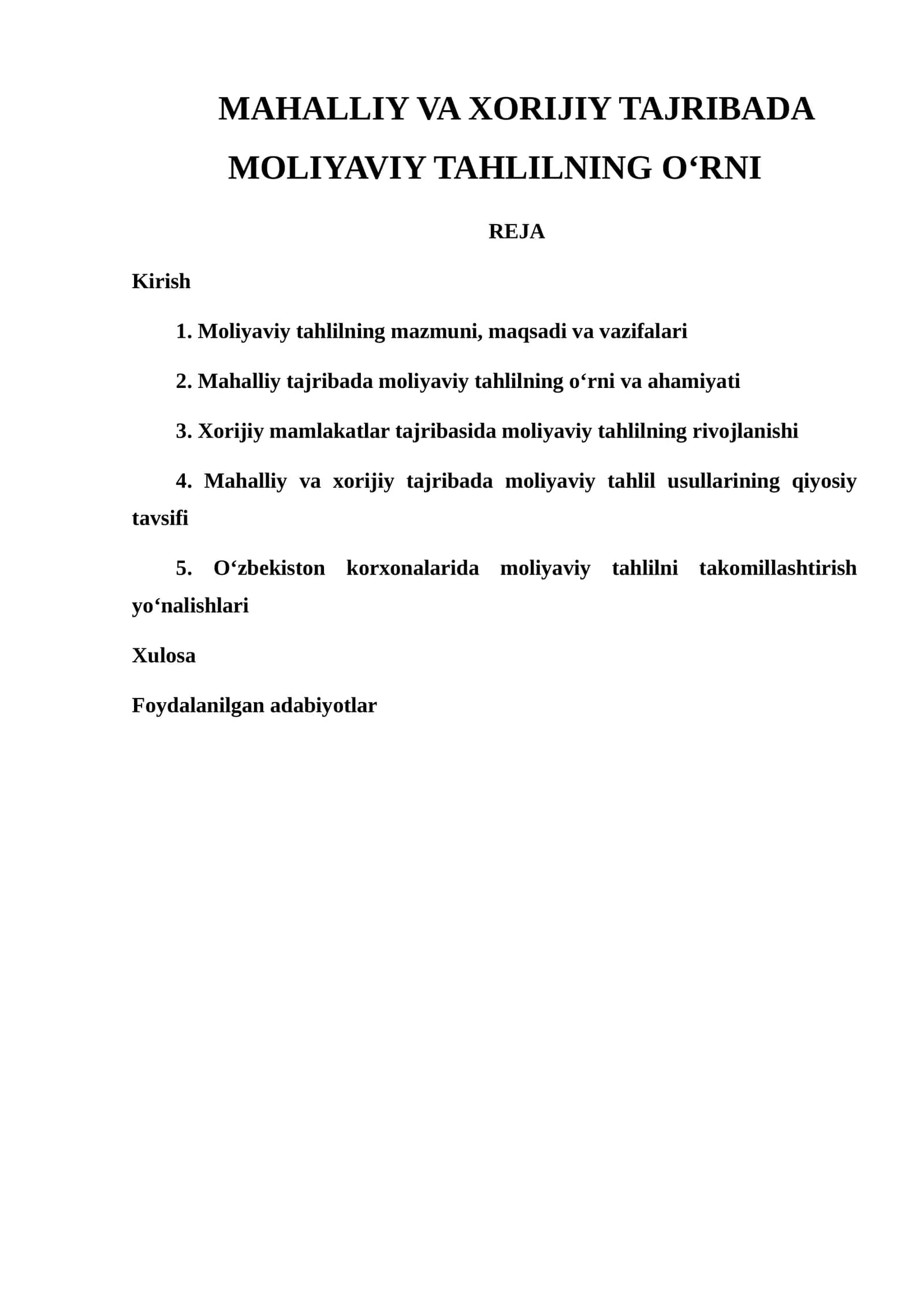 MAHALLIY VA XORIJIY TAJRIBADA MOLIYAVIY TAHLILNING O‘RNI