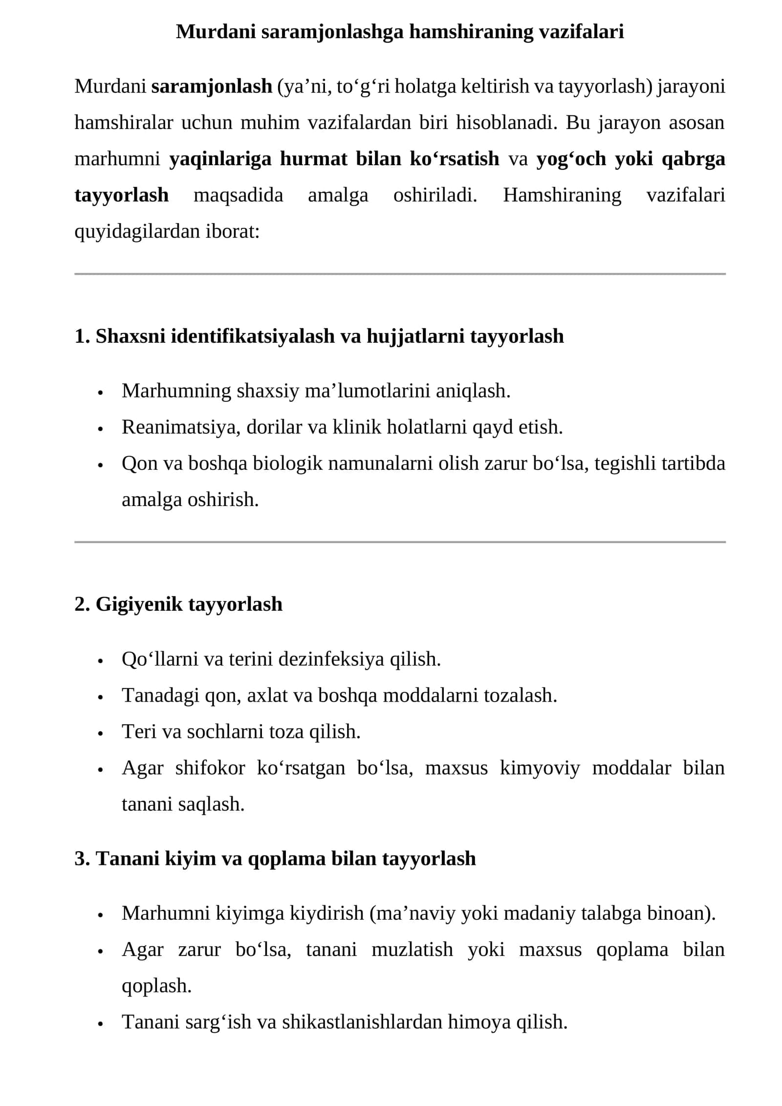 Murdani saramjonlashga hamshiraning vazifalari