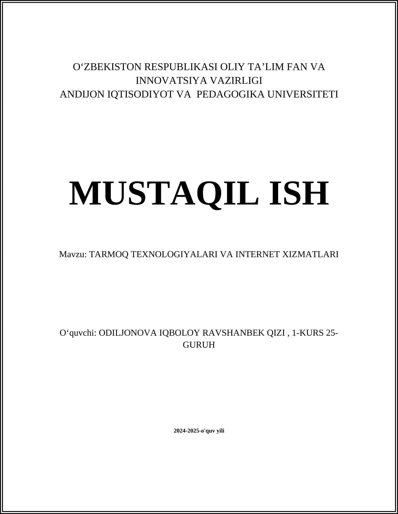 TARMOQ TEXNOLOGIYALARI VA INTERNET XIZMATLARI