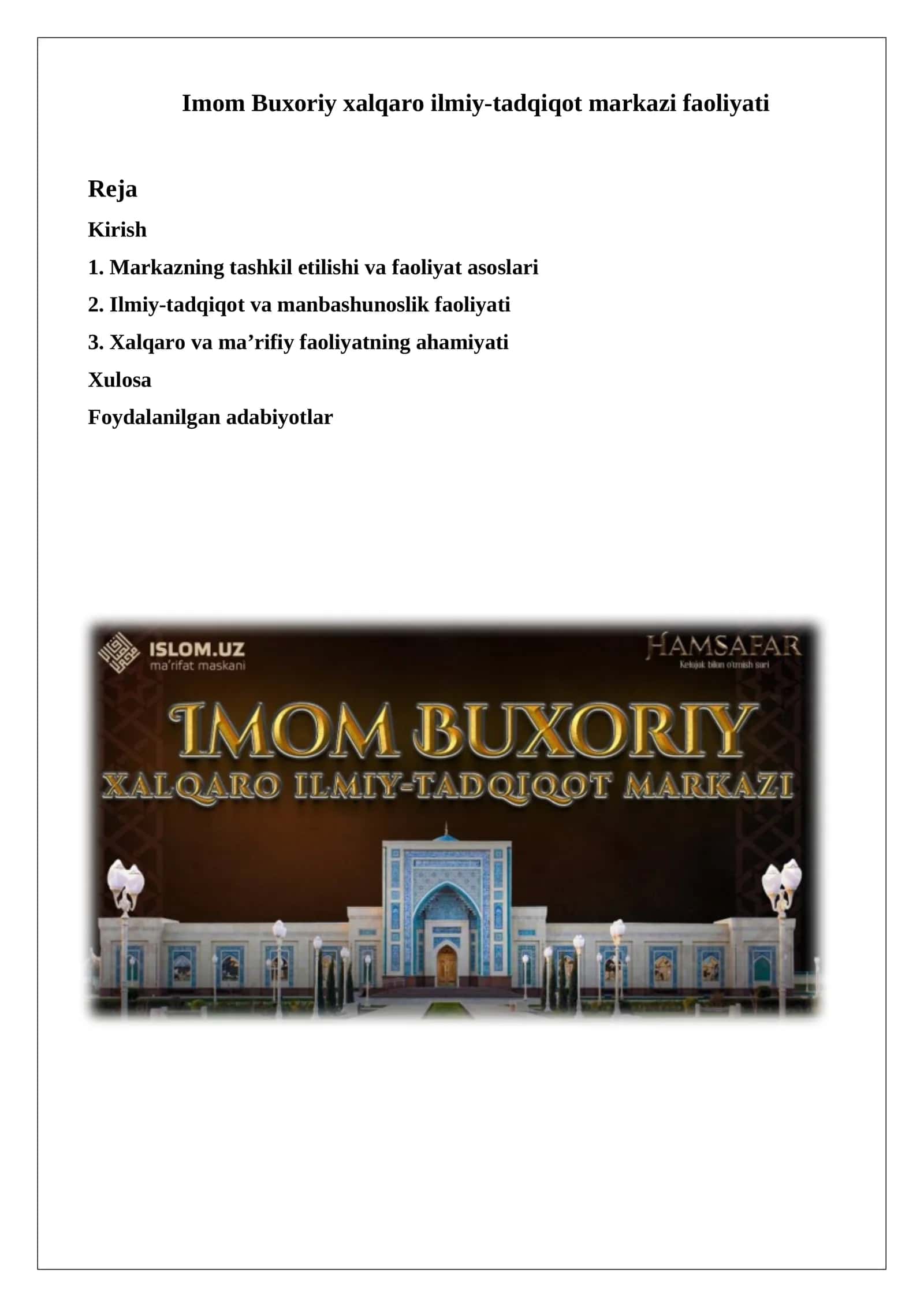 Imom Buxoriy xalqaro ilmiy-tadqiqot markazi faoliyati