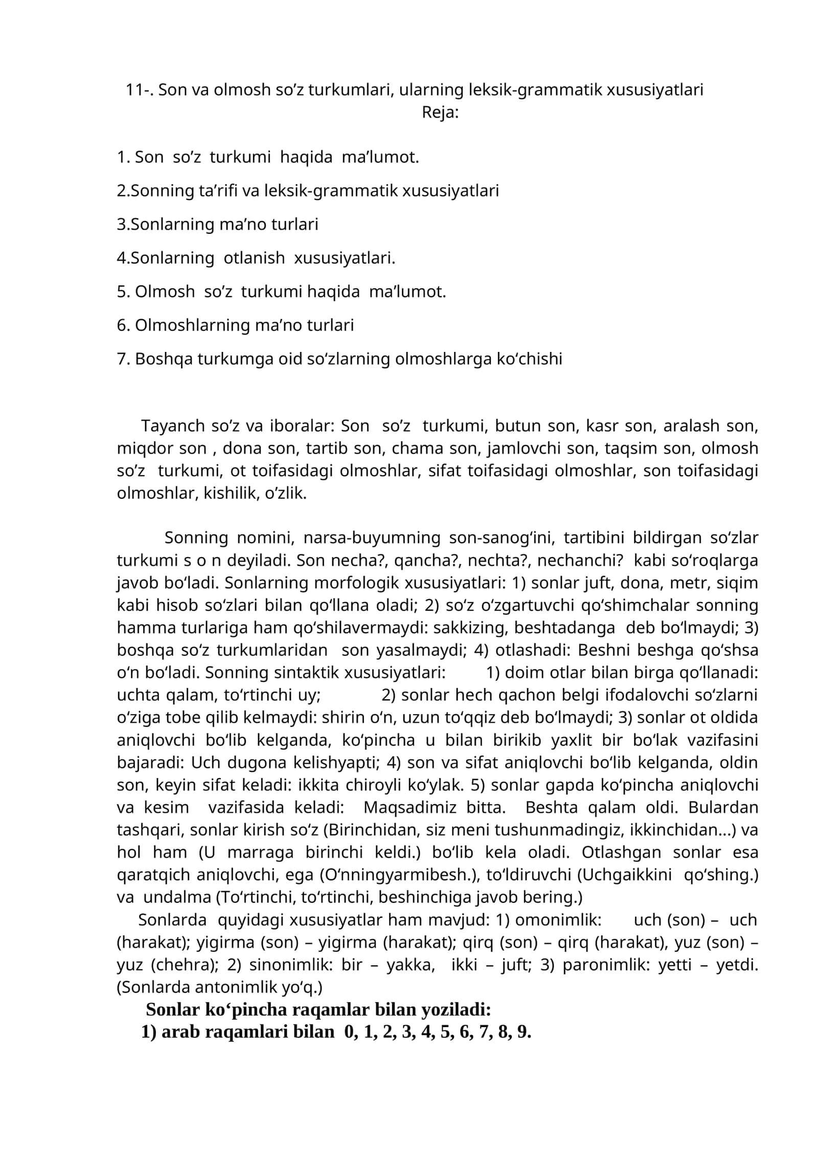 Son va olmosh so’z turkumlari, ularning leksik-grammatik xususiyatlari
