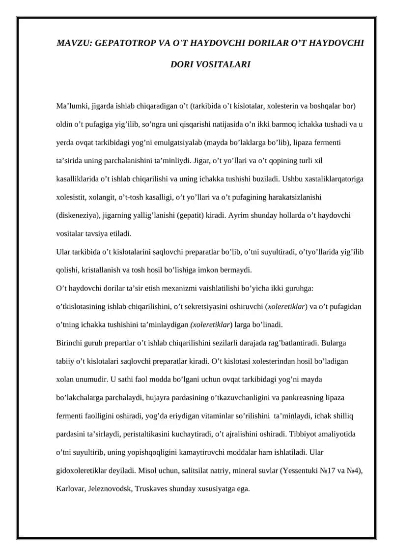 GEPATOTROP VA O'T HAYDOVCHI DORILAR