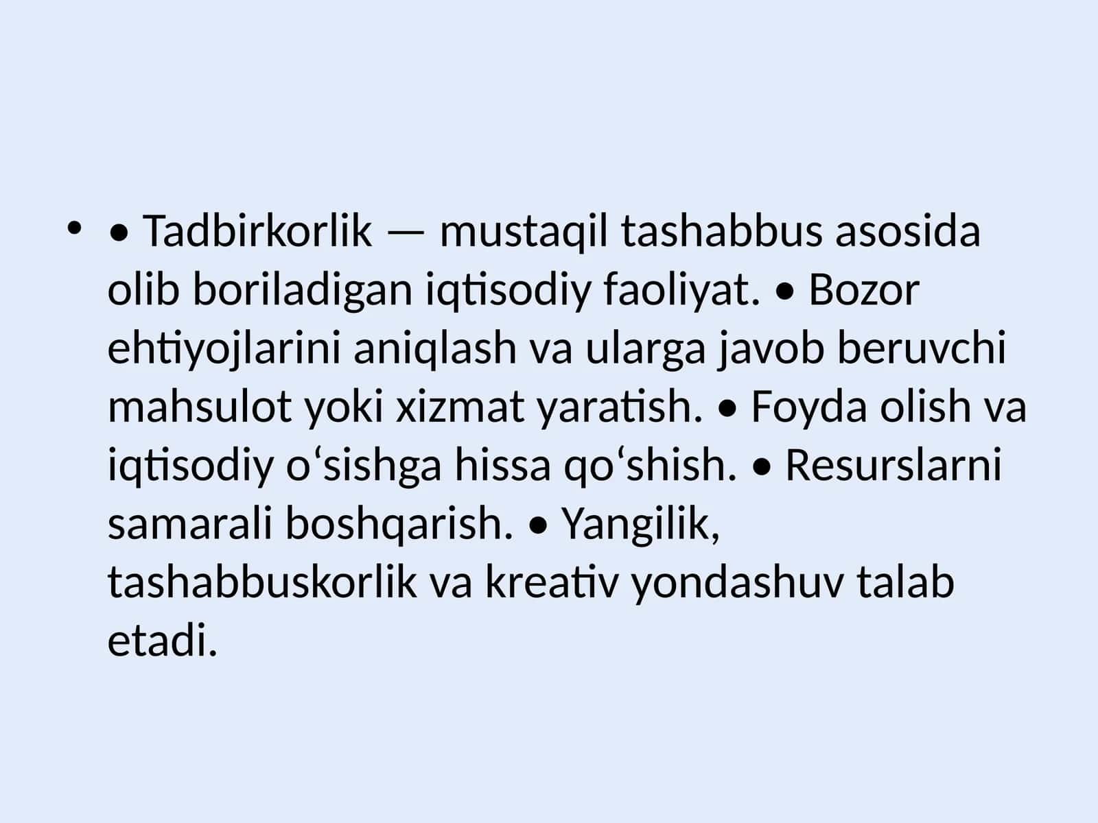 Tadbirkorlikning Asosiy Belgilari