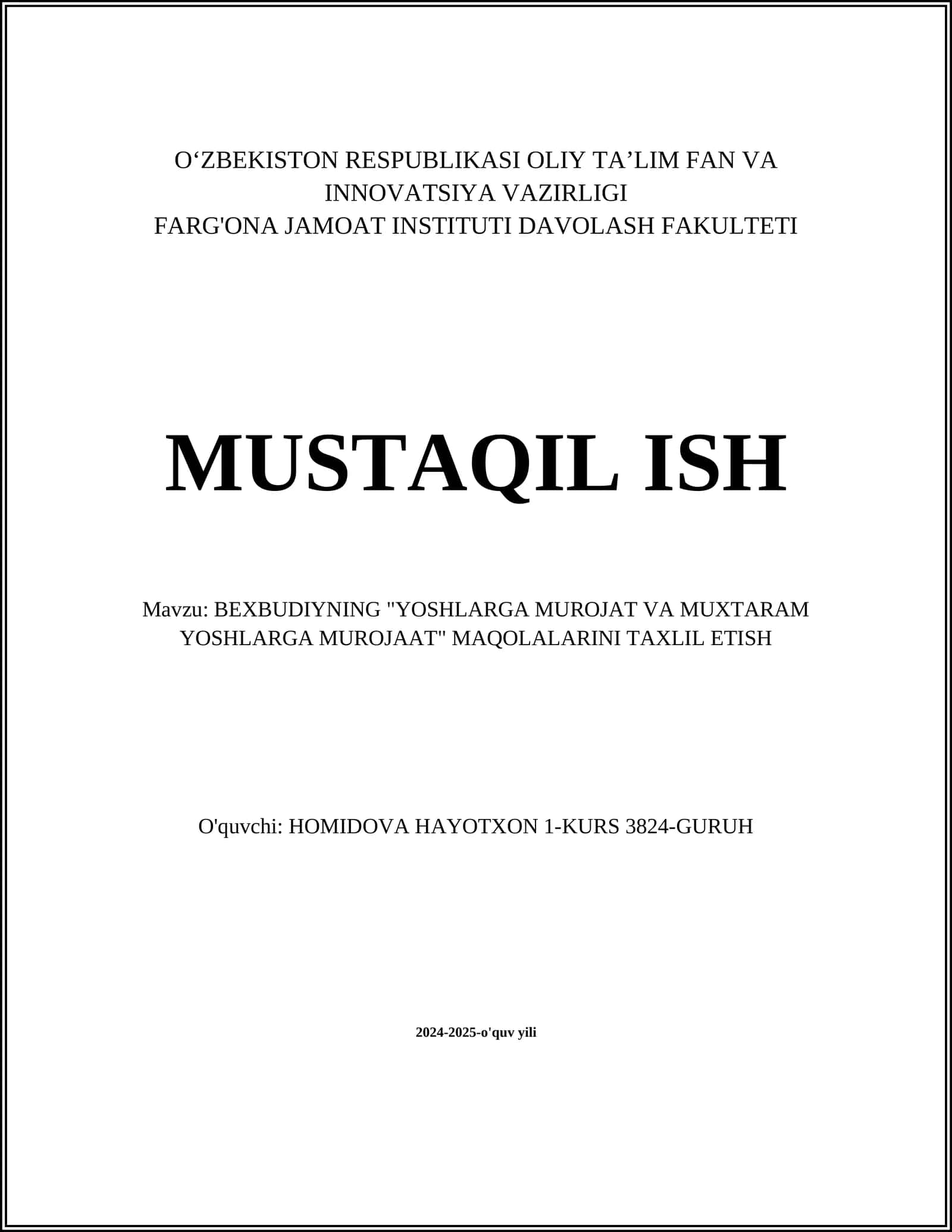 BEXBUDIYNING "YOSHLARGA MUROJAT VA MUXTARAM YOSHLARGA MUROJAAT" MAQOLALARINI TAXLIL ETISH