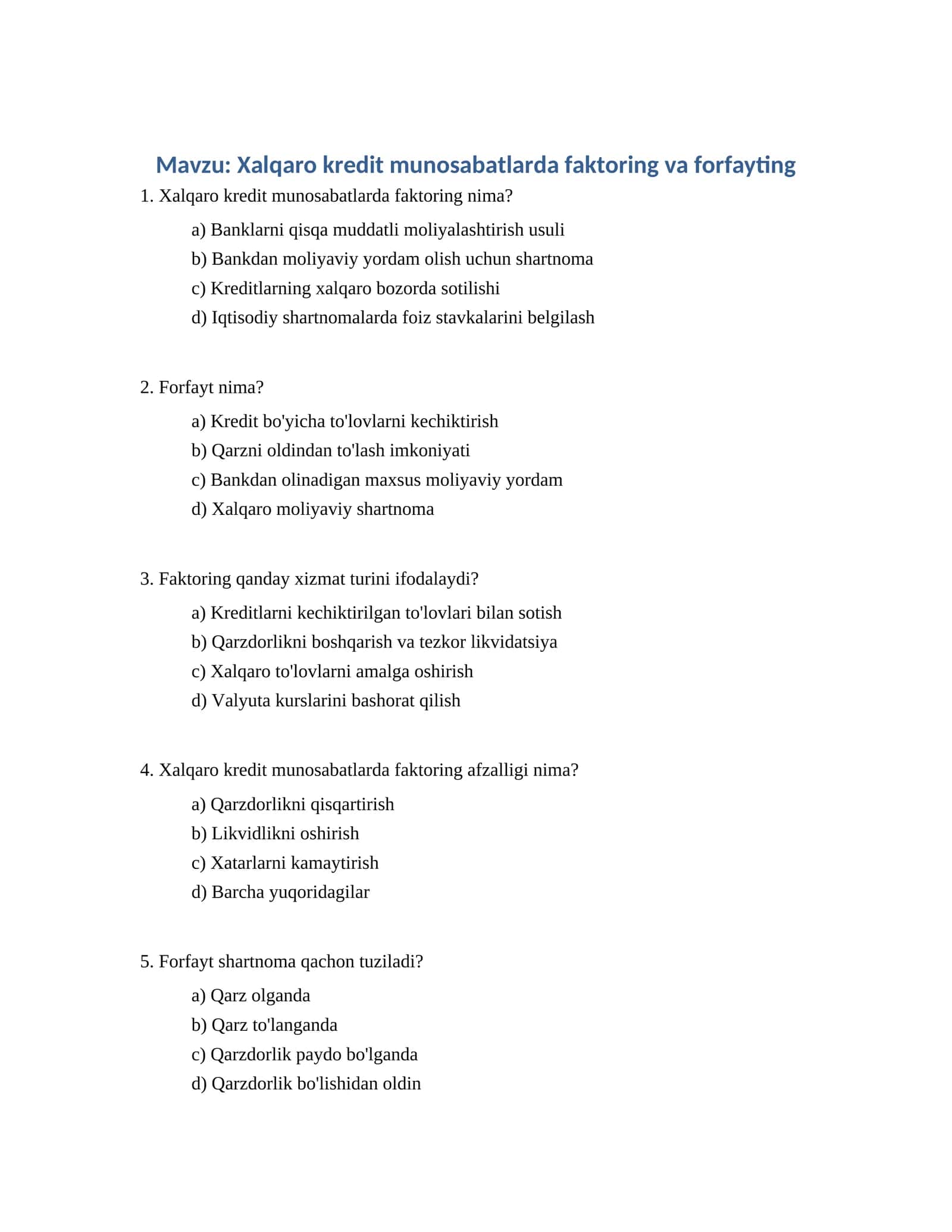 Xalqaro kredit munosabatlarda faktoring va forfayting