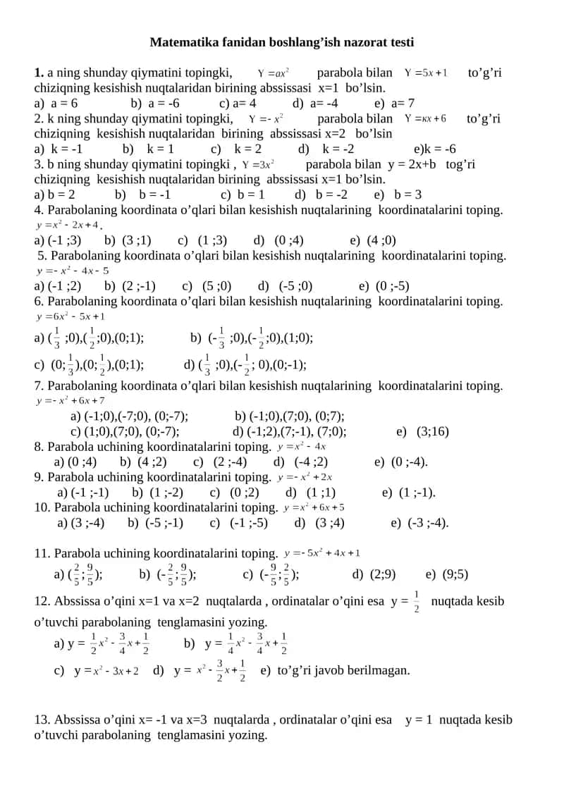 Matematika fanidan boshlang’ish nazorat testi