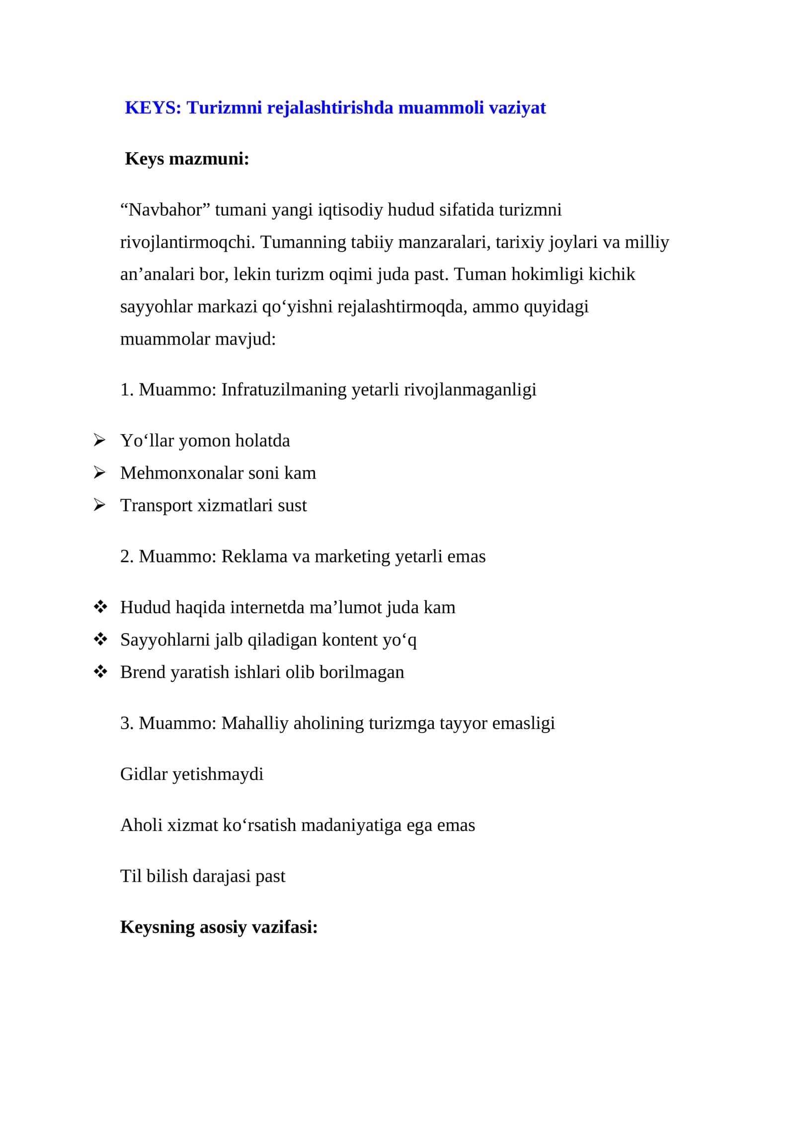 KEYS: Turizmni rejalashtirishda muammoli vaziyat