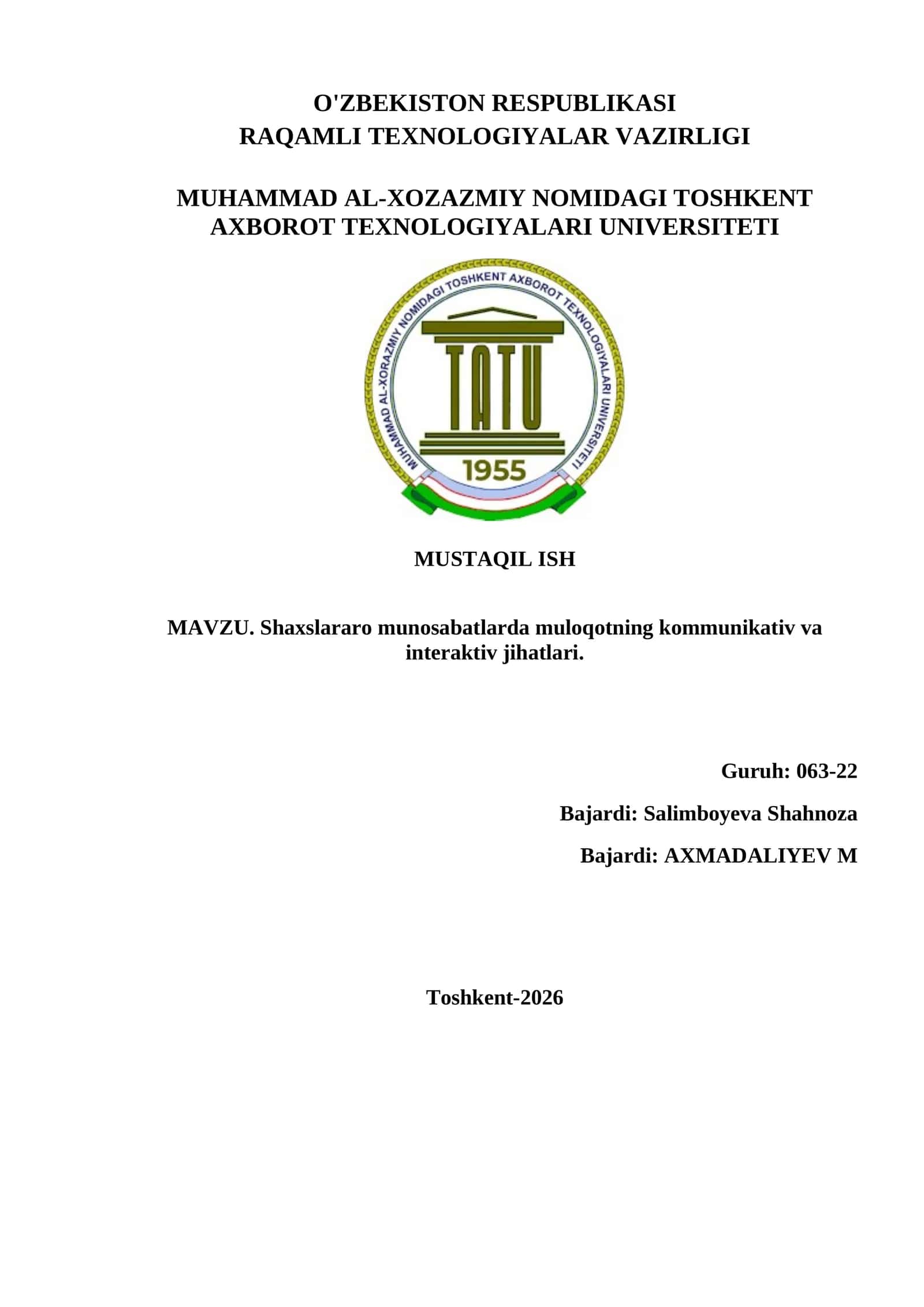 Shaxslararo munosabatlarda muloqotning kommunikativ va interaktiv jihatlari