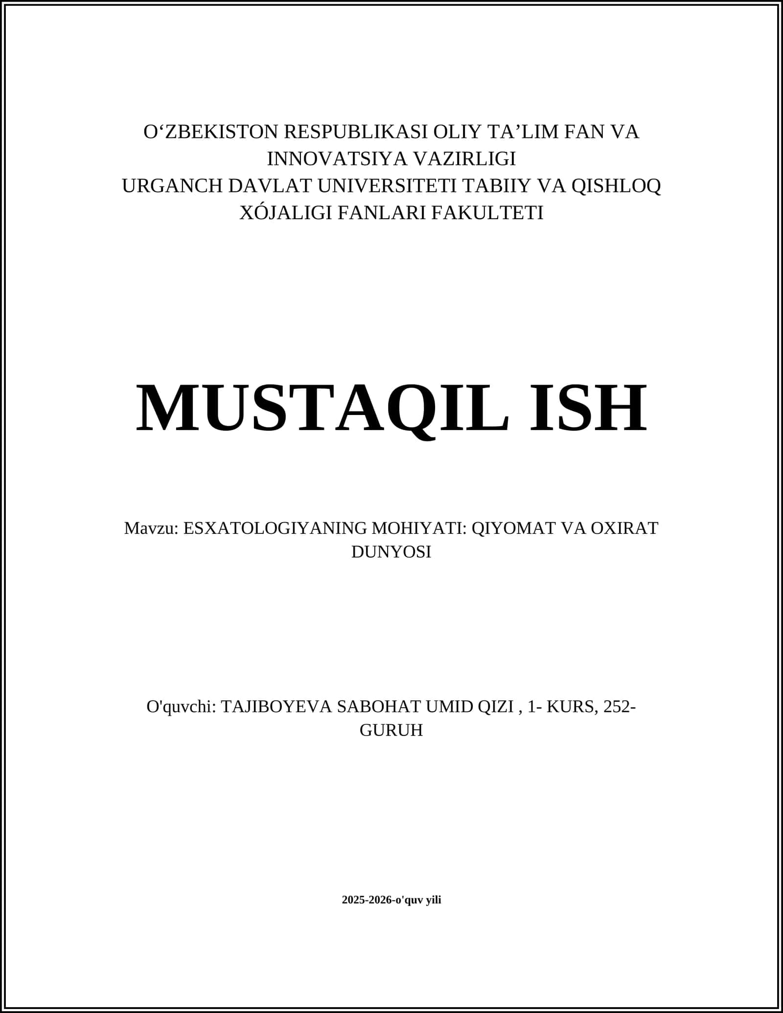 ESXATOLOGIYANING MOHIYATI: QIYOMAT VA OXIRAT DUNYOSI