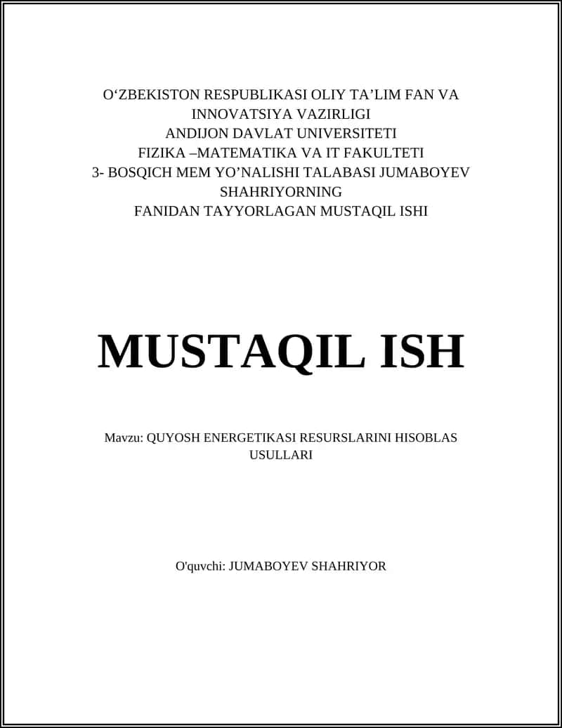 QUYOSH ENERGETIKASI RESURSLARINI HISOBLAS USULLARI