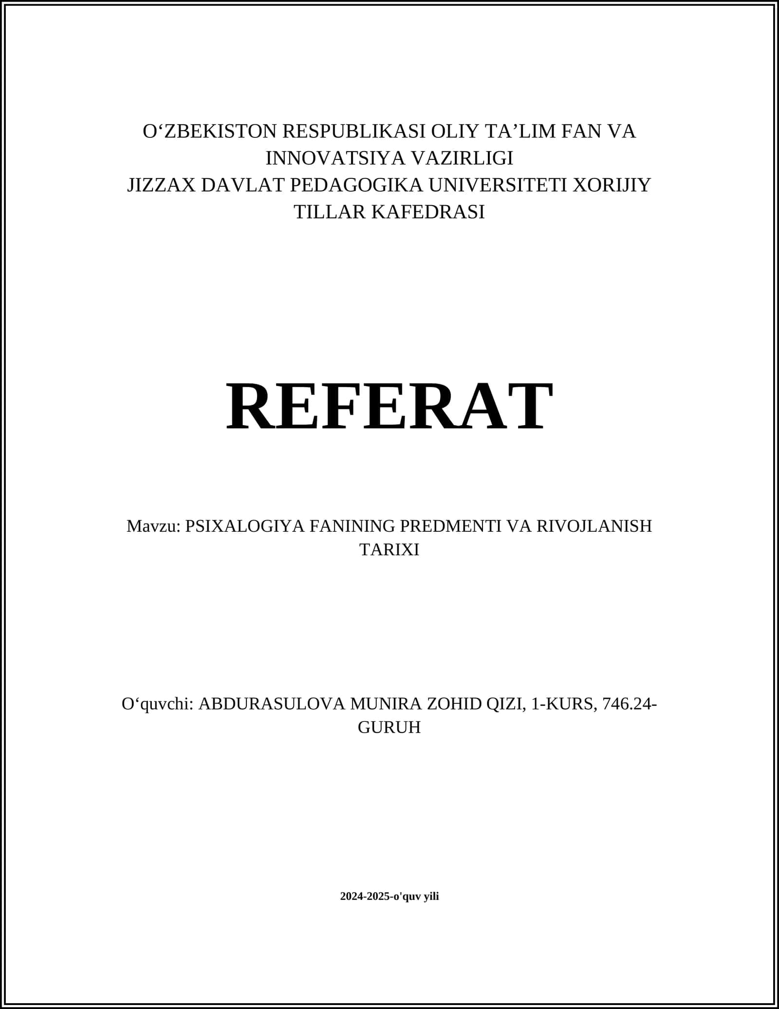 PSIXALOGIYA FANINING PREDMENTI VA RIVOJLANISH TARIXI