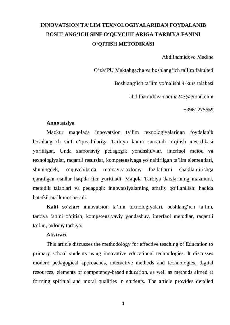 INNOVATION TALIM TEXNOLOGIYALARIDAN FOYDALANIB BOSHLAN'ICH SINF O'QUVCHILARIGA TARBIYA FANINI O'QITISH METODIKASI