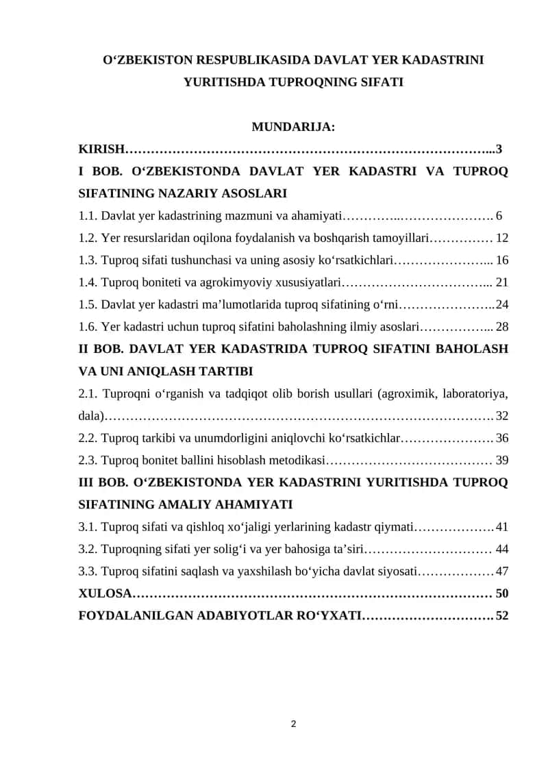 O‘ZBEKISTON RESPUBLIKASIDA DAVLAT YER KADASTRINI YURITISHDA TUPROQNING SIFATI