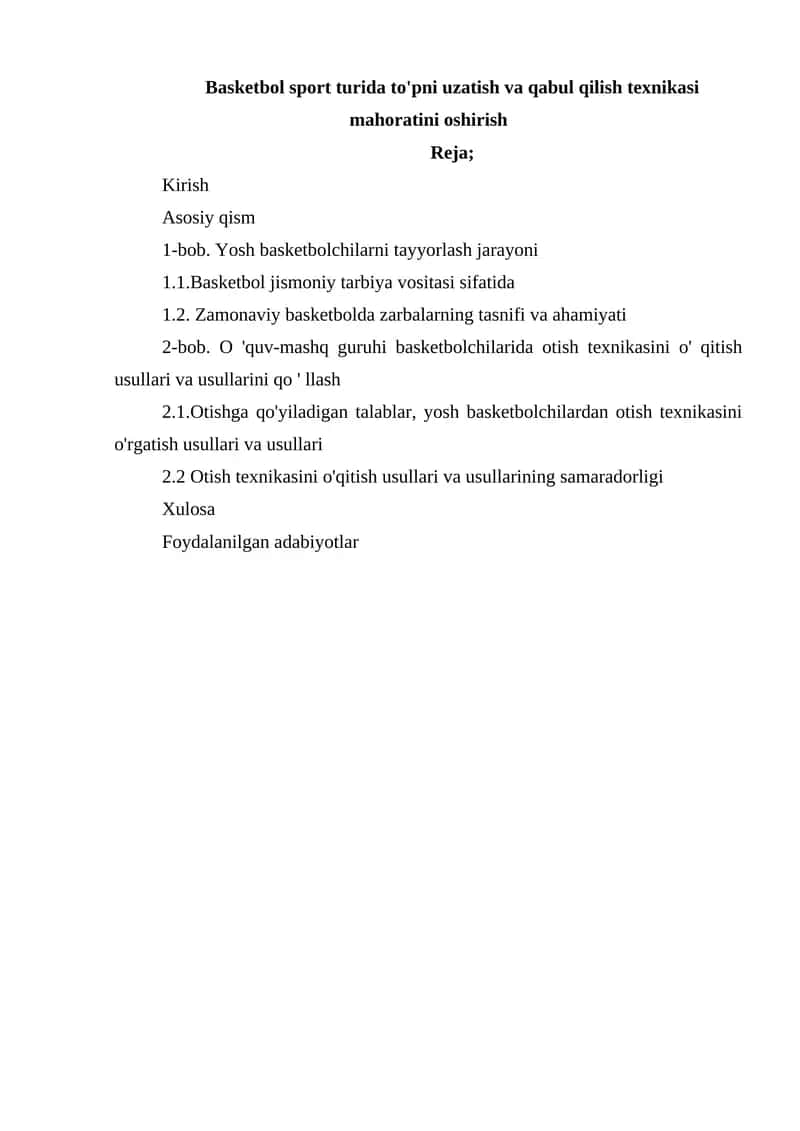 Basketbol sport turida to'pni uzatish va qabul qilish texnikasi mahoratini oshirish