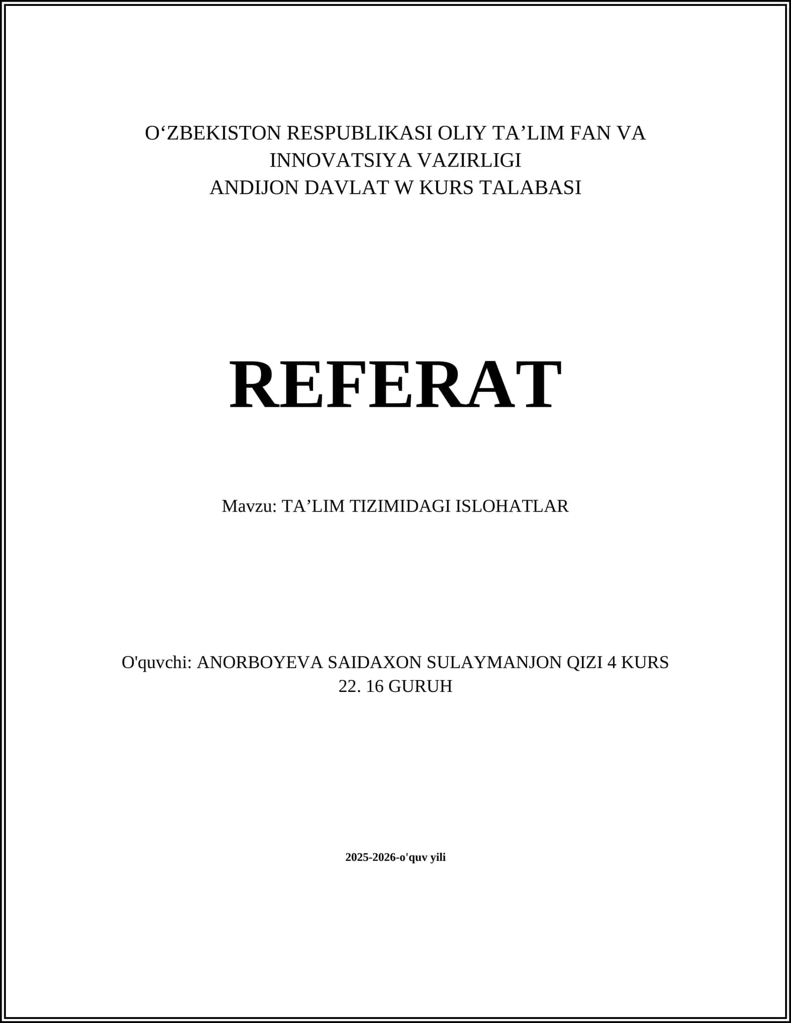TAʼLIM TIZIMIDAGI ISLOHATLAR