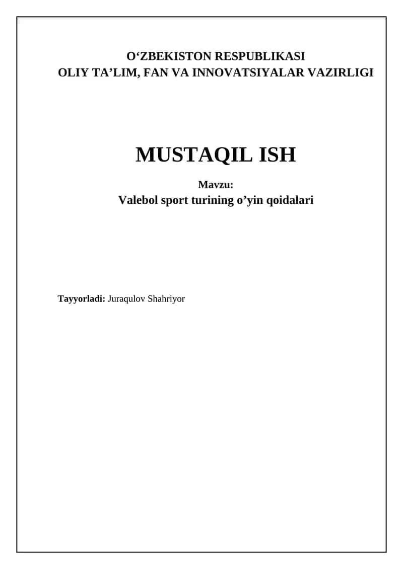 Valebol sport turining o’yin qoidalari