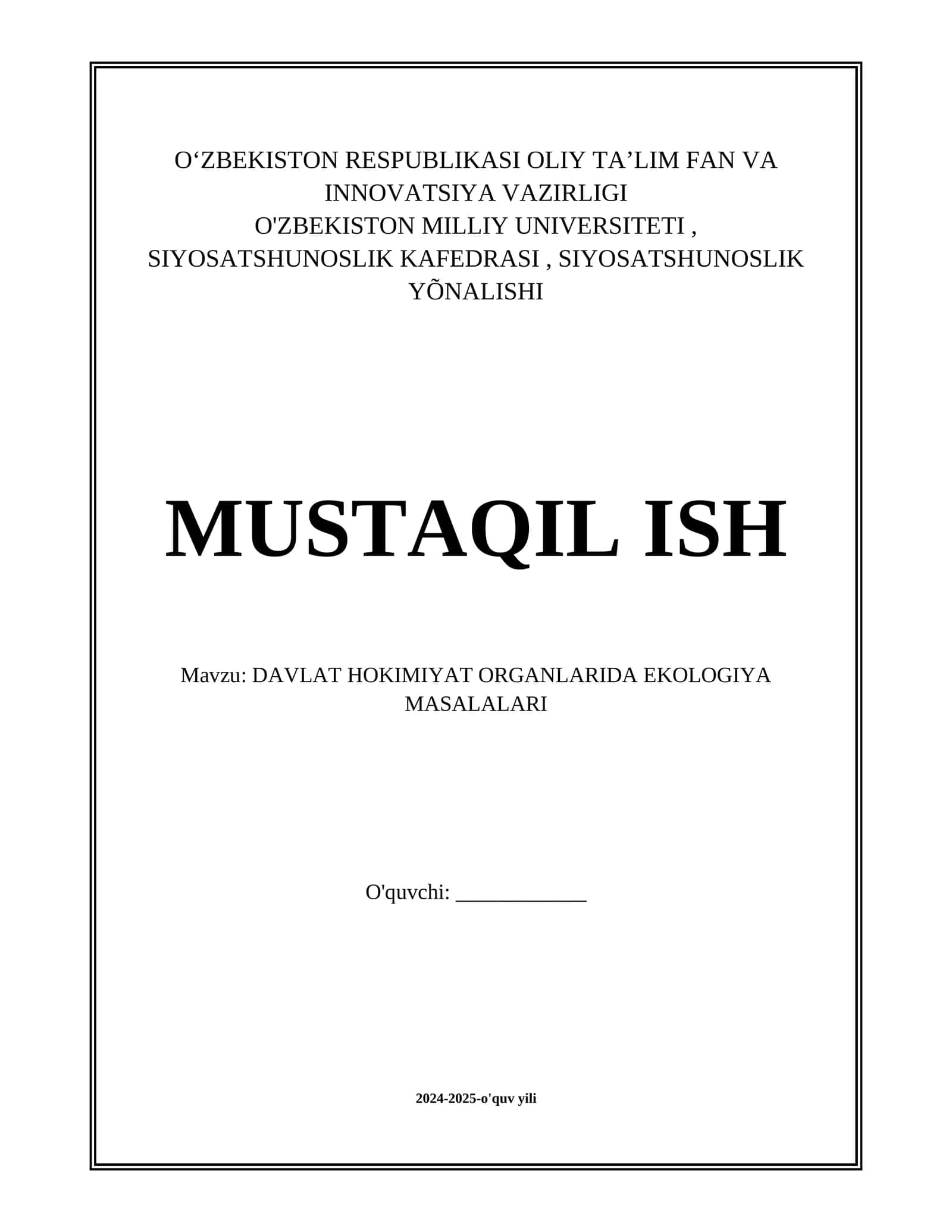 DAVLAT HOKIMIYAT ORGANLARIDA EKOLOGIYA MASALALARI