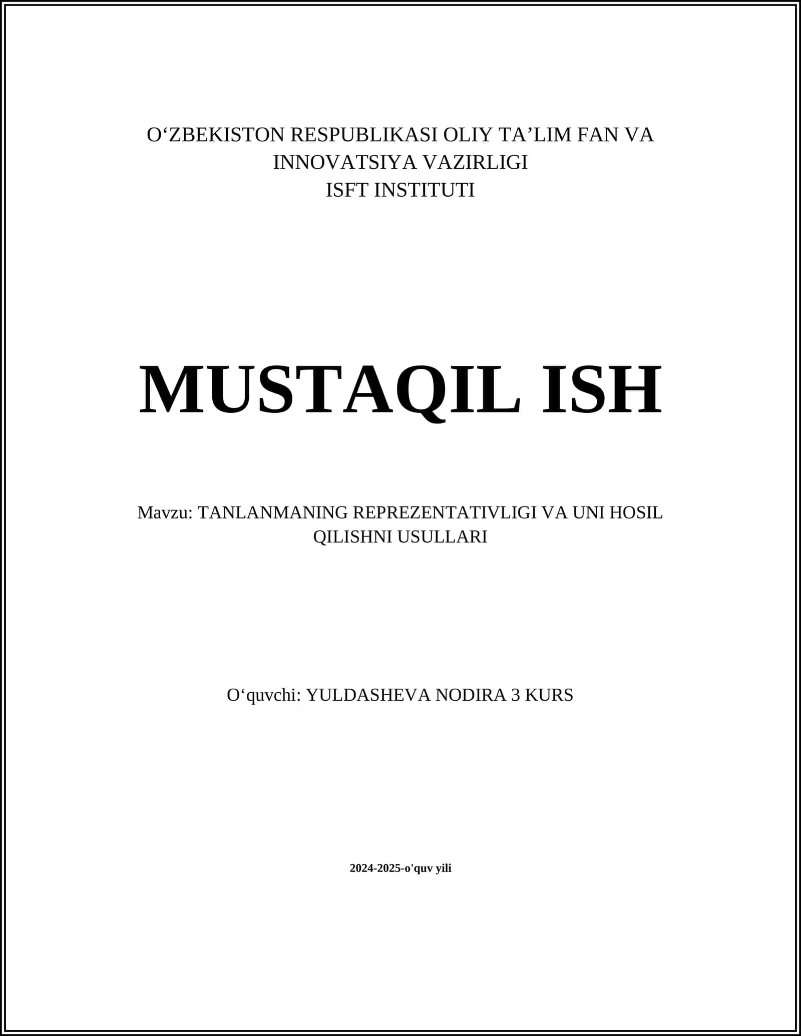 TANLANMANING REPREZENTATIVLIGI VA UNI HOSIL QILISHNI USULLARI