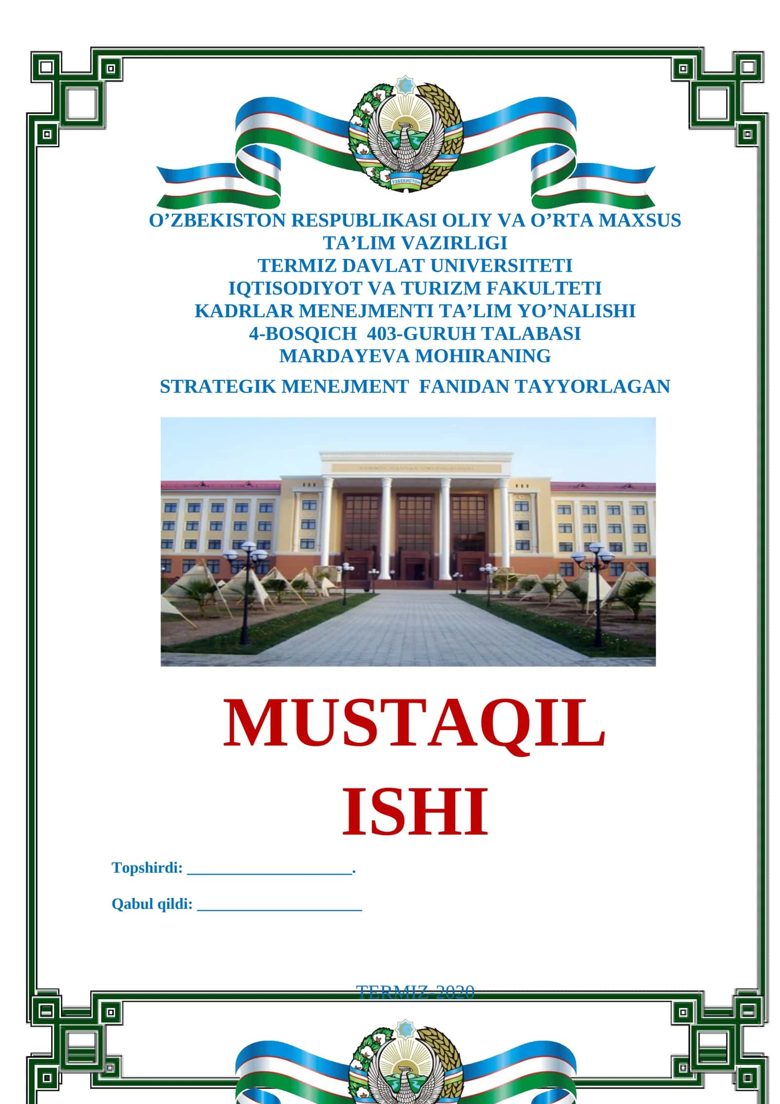 STRATEGIK MENEJMENT FANIDAN TAYYORLAGAN MUSTAQIL ISHI