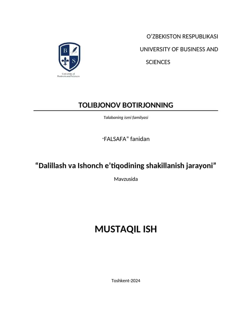 DALILLASH VA ISHONCH E’TİQODİNİNG ŞAKİLLANİSH JARAYONİ