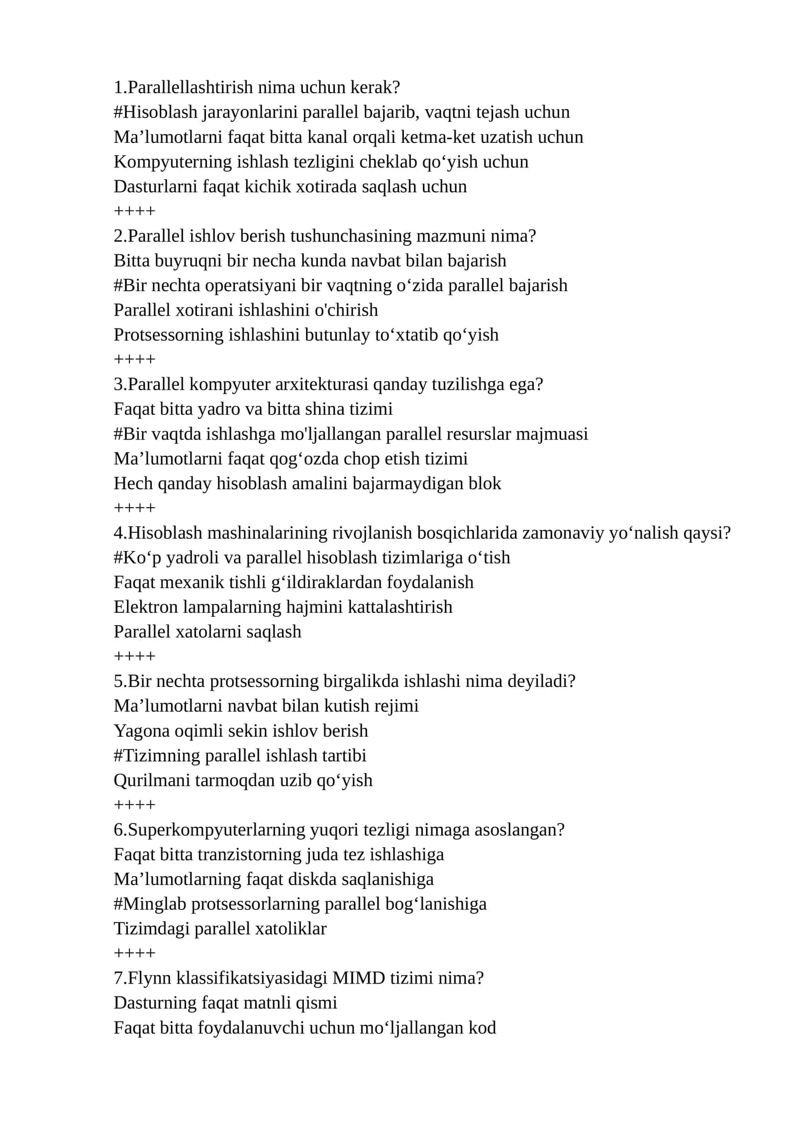 Parallel kompyuter arxitekturasi fanidan testlar to'plami javoblari bilan