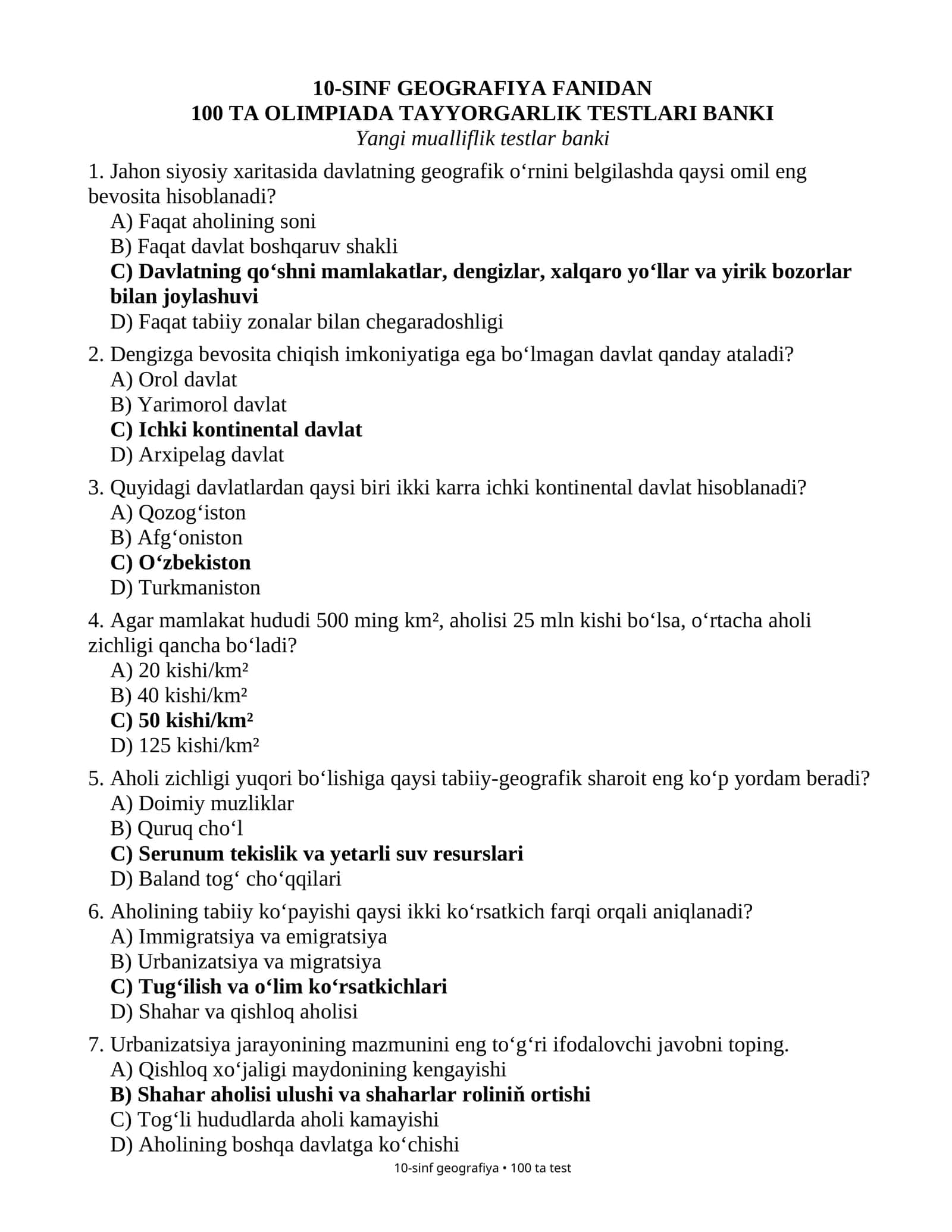 1-SINF UCHUN 100 TALIK OLIMPIADA TAYYORGARLIK TESTLARI BANKI GEOGRAFIYA FANIDAN