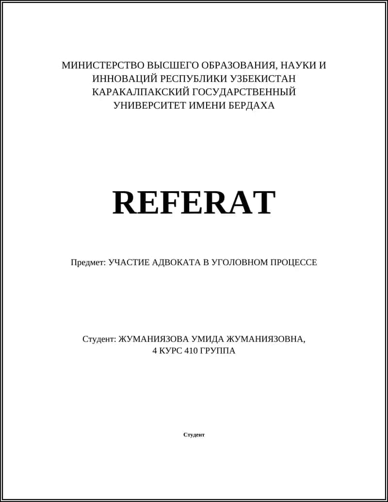 REFERAT. УЧАСТИЕ АДВОКАТА В УГОЛОВНОМ ПРОЦЕССЕ
