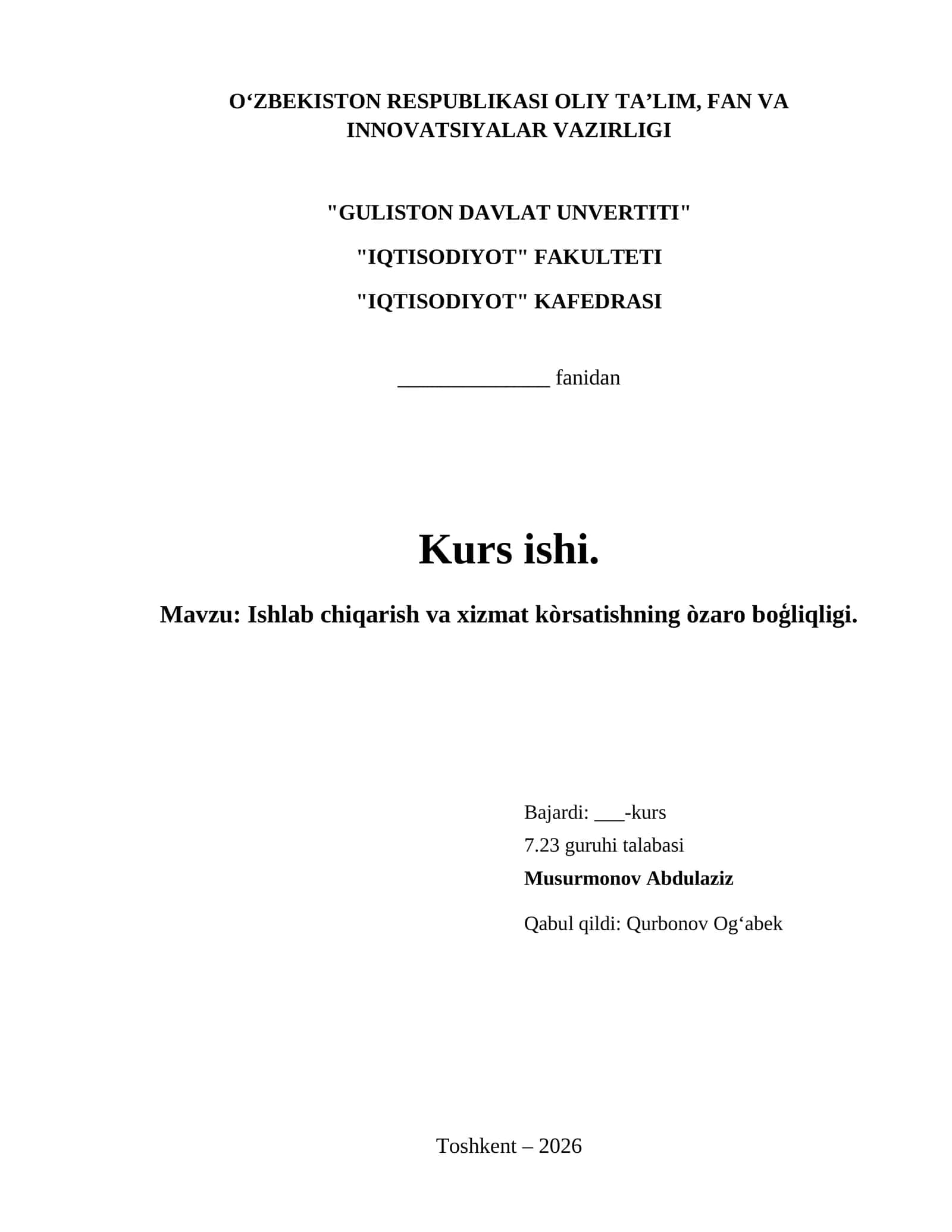 Ishlab chiqarish va xizmat kòrsatishning òzaro boģliqligi.