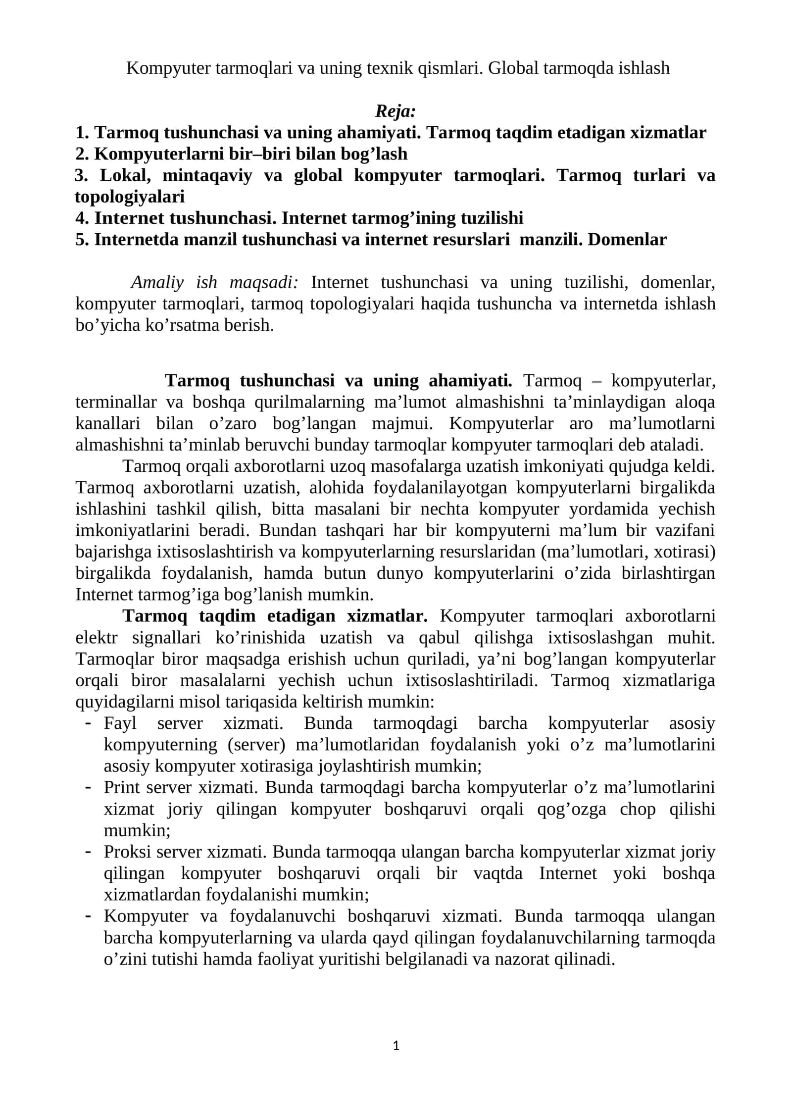 Kompyuter tarmoqlari va uning texnik qismlari. Global tarmoqda ishlash
