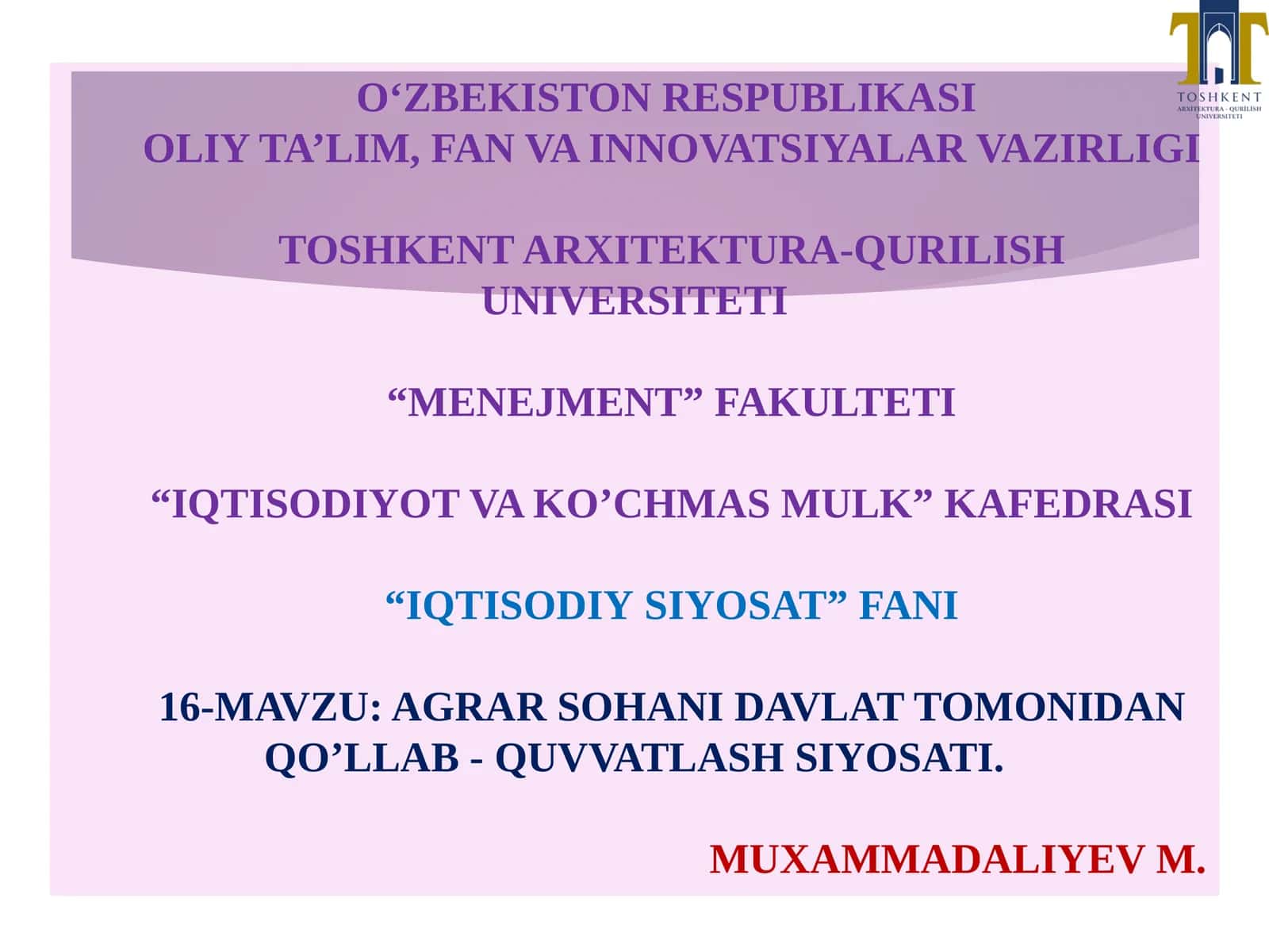 Agrar Sohani Davlat Tomonidan Qo’llab - Quvvatlash Siyosati