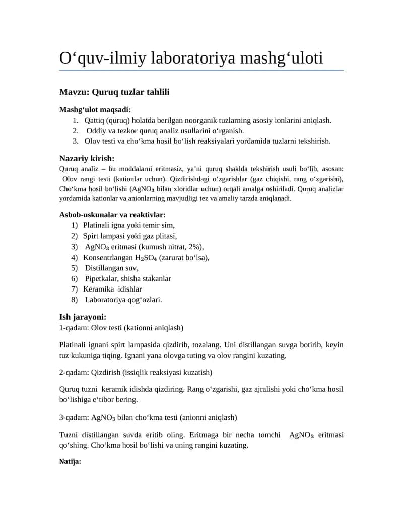 O‘quv-ilmiy laboratoriya mashg‘uloti