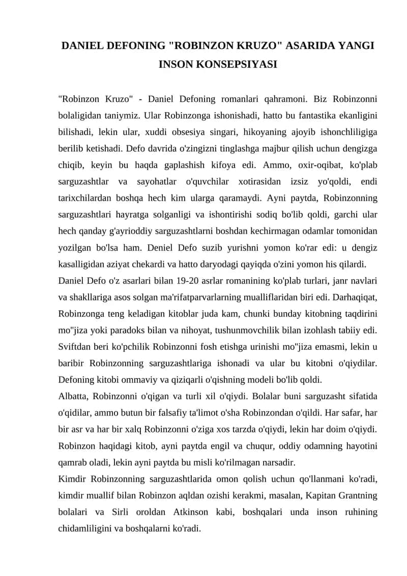 "Robinzon Kruzo" asarida yangi inson konsepsiyasi