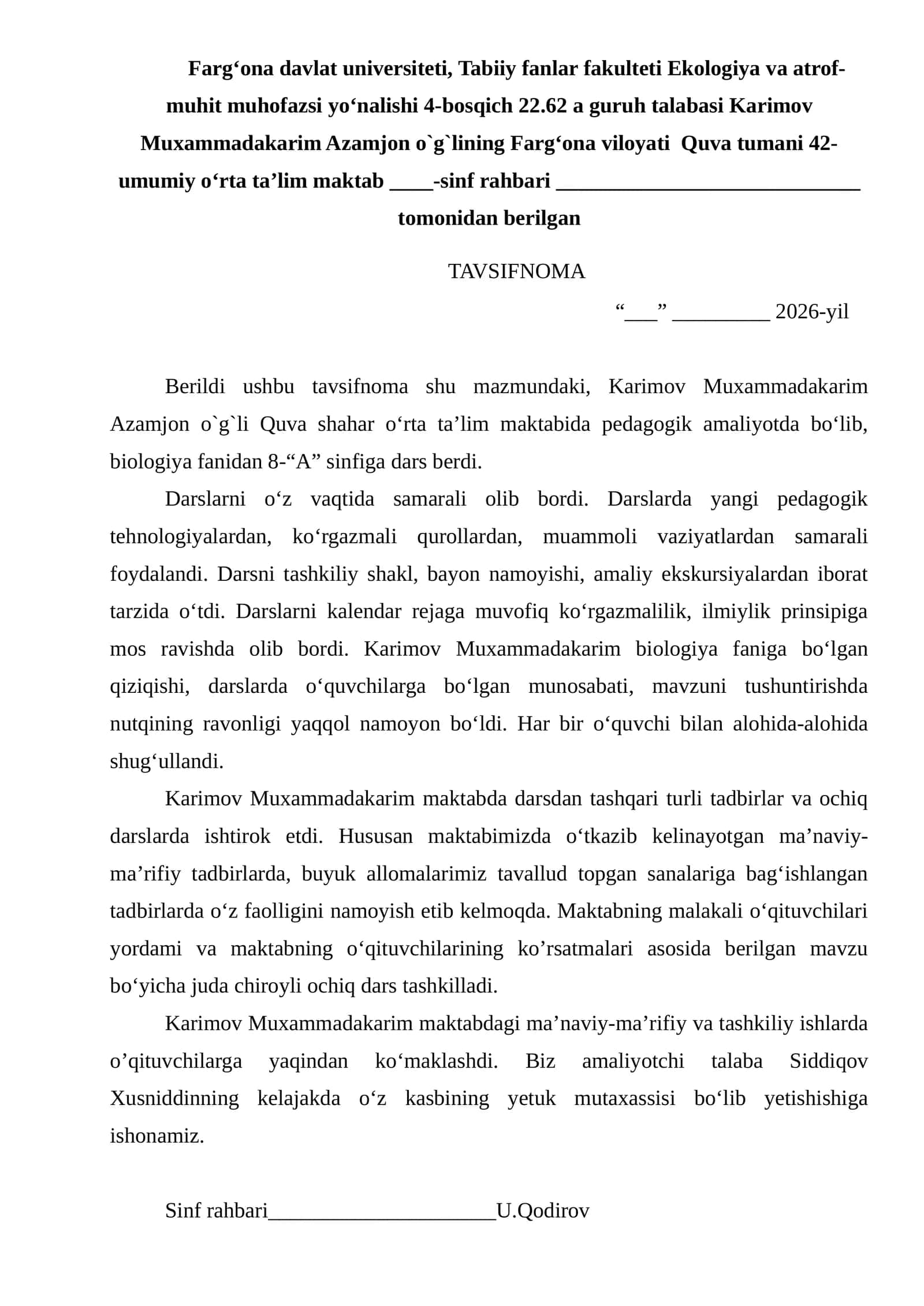 Sinf rahbaridan tavsiyanoma