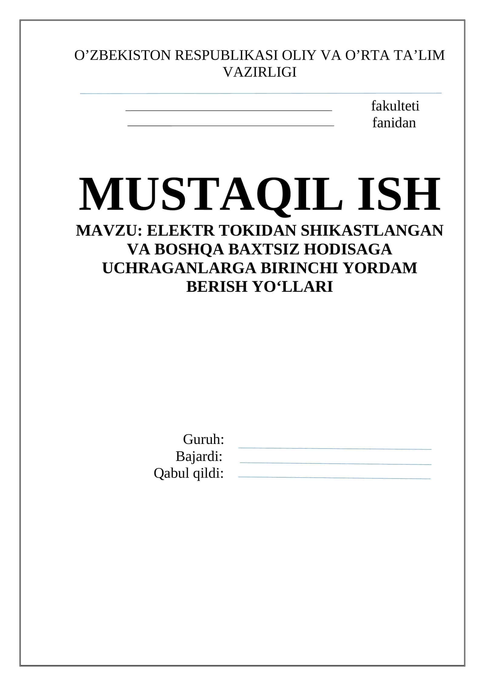 Elektr tokidan shikastlangan va boshqa baxtsiz hodisaga uchragnalarga birinchi yordam berish yo‘llari