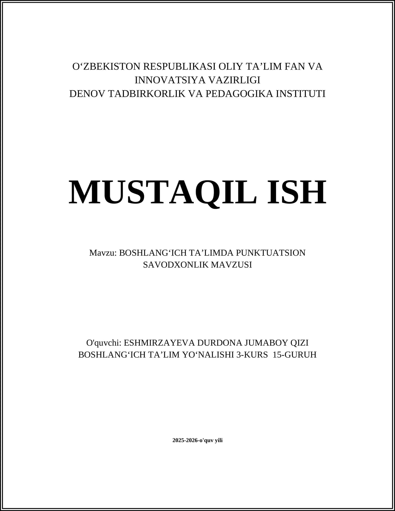 BOSHLANGʻICH TAʼLIMDA PUNKTUATSION SAVODXONLIK MAVZUSI