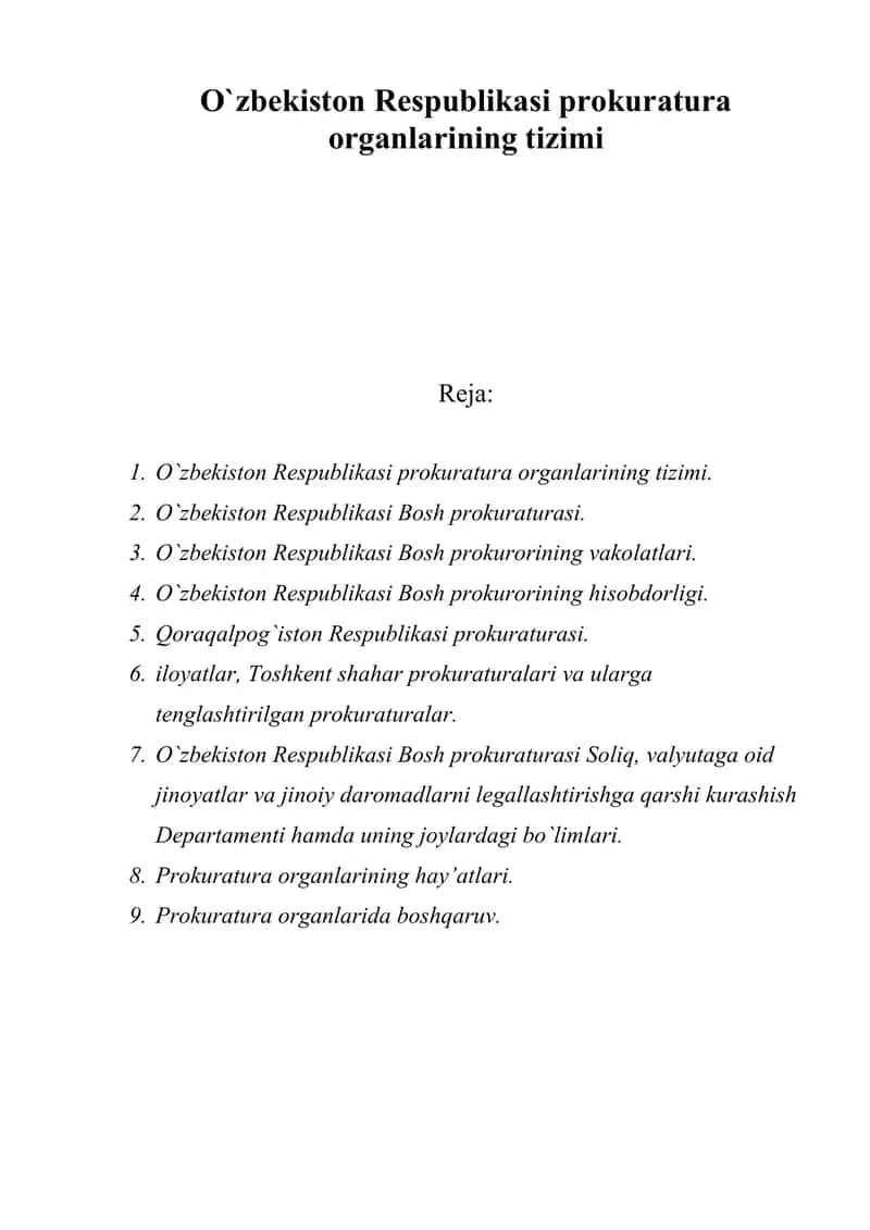 O`zbekiston Respublikasi prokuratura organlarining tizimi