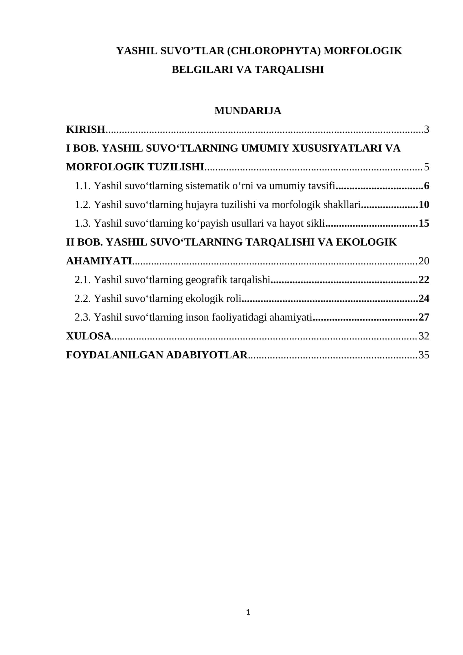 YASHIL SUVO’TLAR (CHLOROPHYTA) MORFOLOGIK BELGILARI VA TARQALISHI