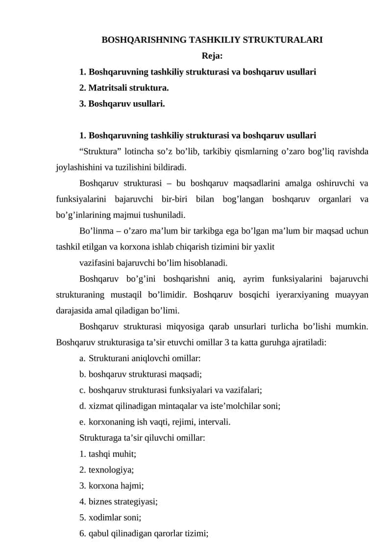 BOSHQARISHNING TASHKILIY STRUKTURALARI
