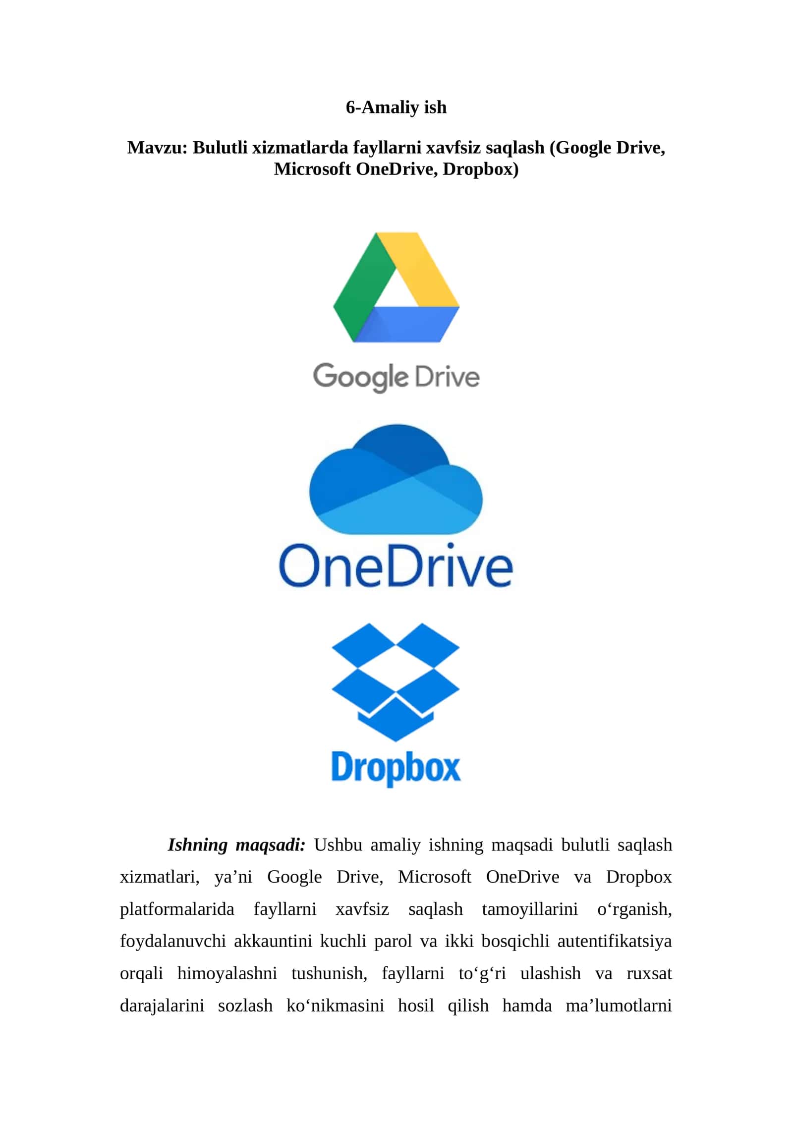 Bulutli xizmatlarda fayllarni xavfsiz saqlash (Google Drive, Microsoft OneDrive, Dropbox)