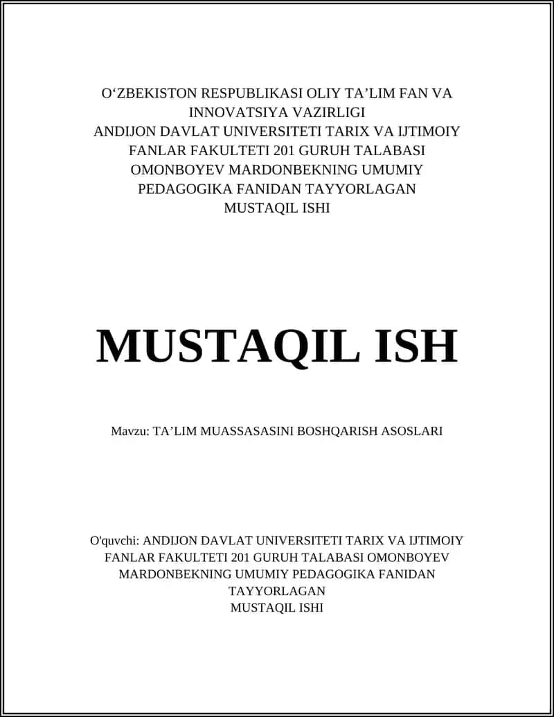 TA’LIM MUASSASASINI BOSHQARISH ASOSLARI