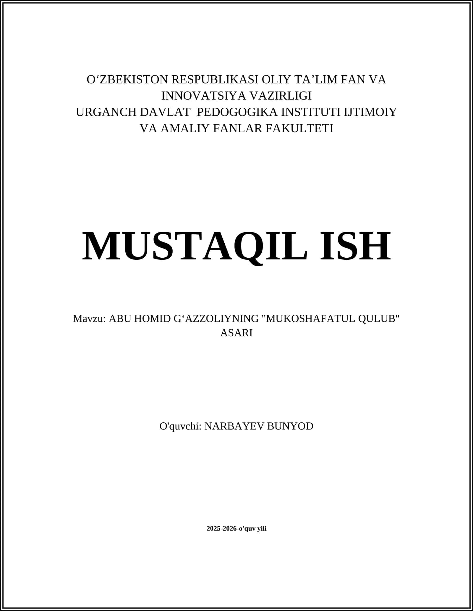ABU HOMID GʻAZZOLIYNING "MUKOSHAFATUL QULUB" ASARI