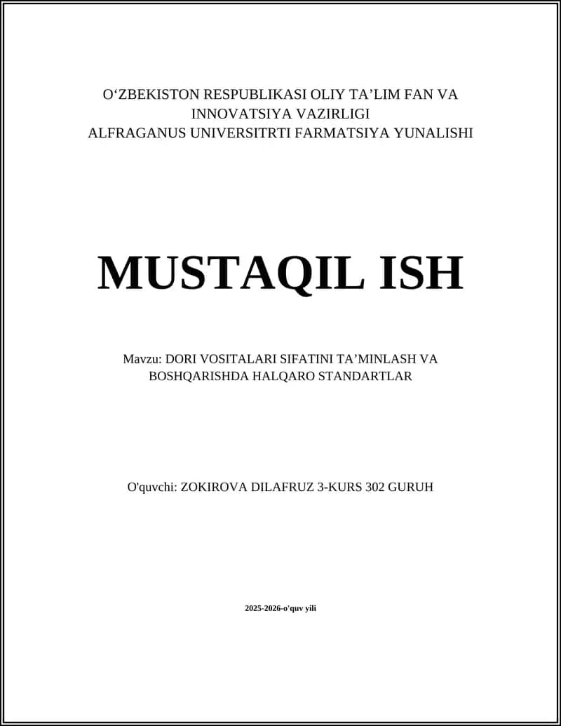 DORI VOSITALARI SIFATINI TA’MINLASH VA BOSHQARISHDA HALQARO STANDARTLAR