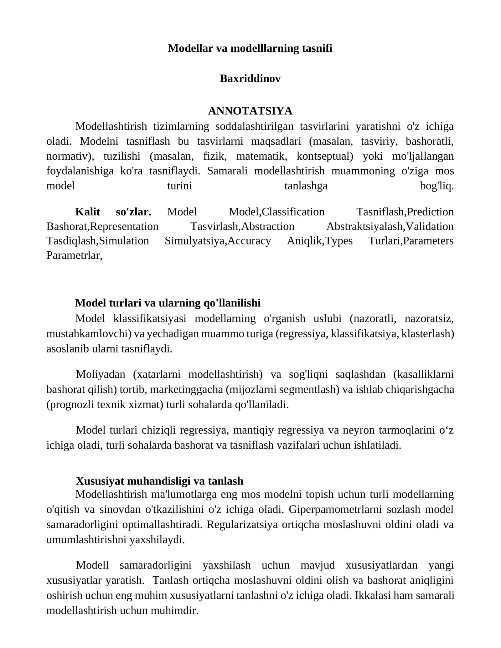 Modellar va modelllarning tasnifi